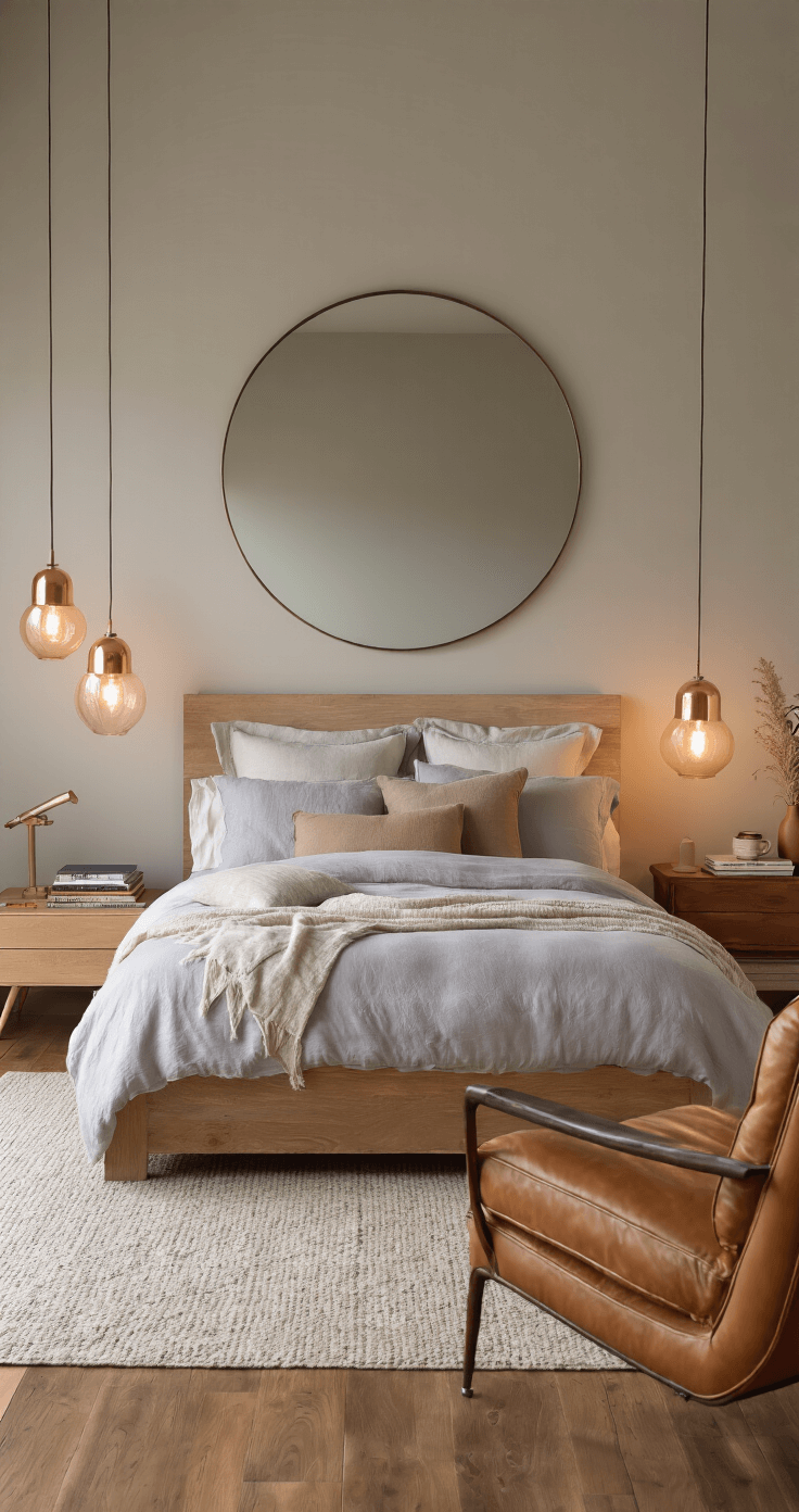 Cozy Bedroom Bliss: Your Ultimate Guide to Creating a Dreamy Sleep Sanctuary A serene bedroom with a king-size bed featuring a minimalist wooden frame, adorned with a gray duvet and earthy linen pillows. Copper-toned pendant lights and a large round mirror enhance the calming greige walls. A cozy reading nook showcases a cognac leather armchair, sleek floor lamp, and a side table with books, all presented in a zen-like atmosphere.