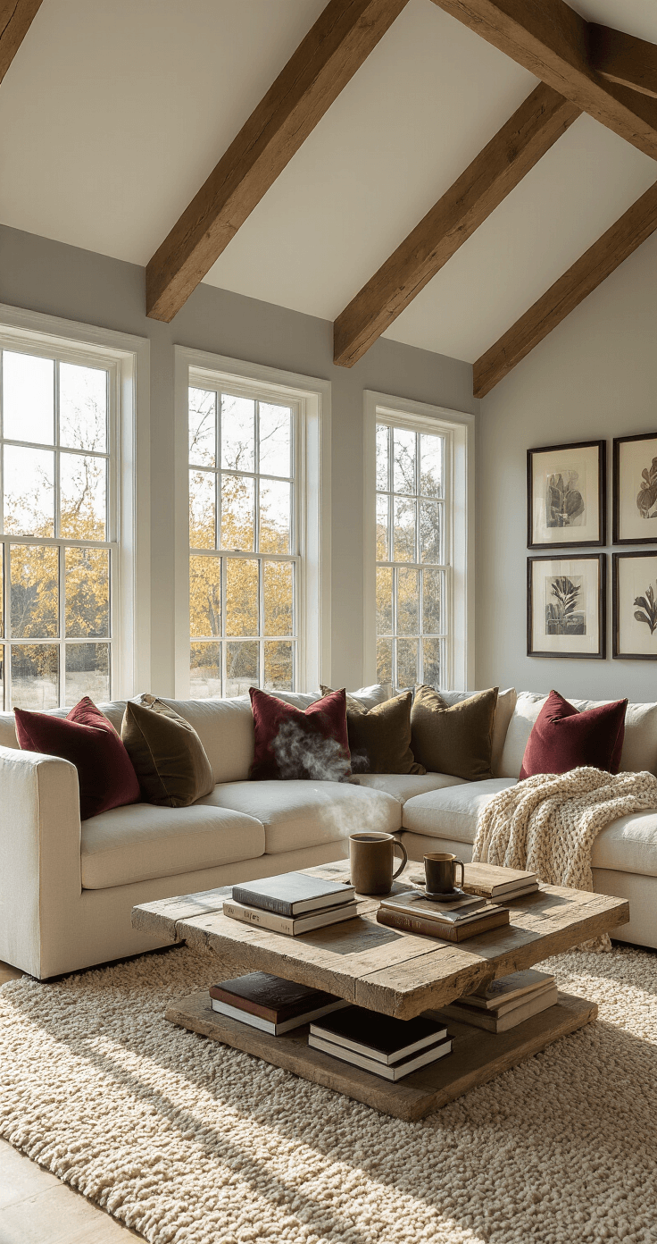 Cozy Chic: Mastering the Art of Comfort in Modern Spaces A sunlit living room with vaulted ceilings, featuring a cream sectional couch adorned with burgundy and olive green pillows, a distressed wood coffee table with leather books and cocoa, and a faux fur rug, all under warm golden hour light.
