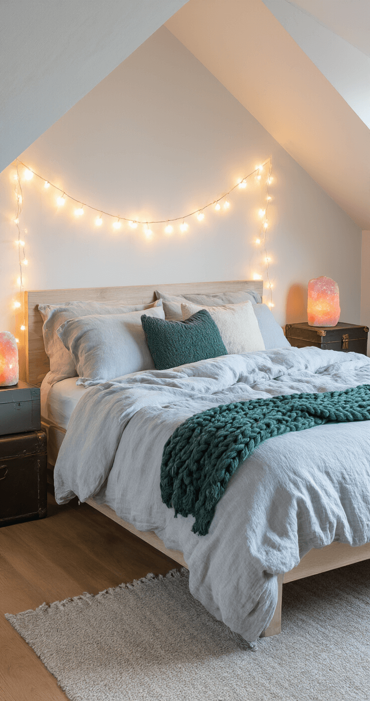 Cozy Chic: Mastering the Art of Comfort in Modern Spaces A cozy bedroom with a sloped ceiling, featuring a king-size platform bed dressed in rumpled stormy blue and white linen, illuminated by warm fairy lights and Himalayan salt lamps. Mismatched nightstands flank the bed, and a forest green throw adds color. A large abstract painting and a navy velvet armchair enhance the dreamy atmosphere.