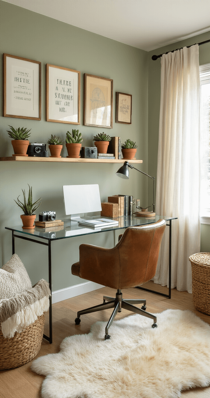 Cozy Chic: Mastering the Art of Comfort in Modern Spaces A cozy 8x10ft home office nook with a modern glass desk, vintage leather chair, and floating wooden shelves adorned with succulents and books, illuminated by soft morning light through sheer linen curtains, featuring sage green walls and a reading corner with a mid-century modern armchair.
