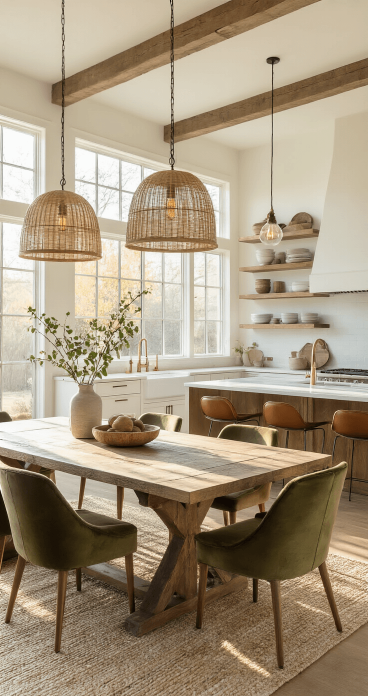 Cozy Chic: Mastering the Art of Comfort in Modern Spaces A warm, inviting open-concept kitchen and dining area with modern white cabinetry, a reclaimed wood island, leather and brass barstools, and a large farmhouse table surrounded by olive green velvet chairs, bathed in golden hour light.