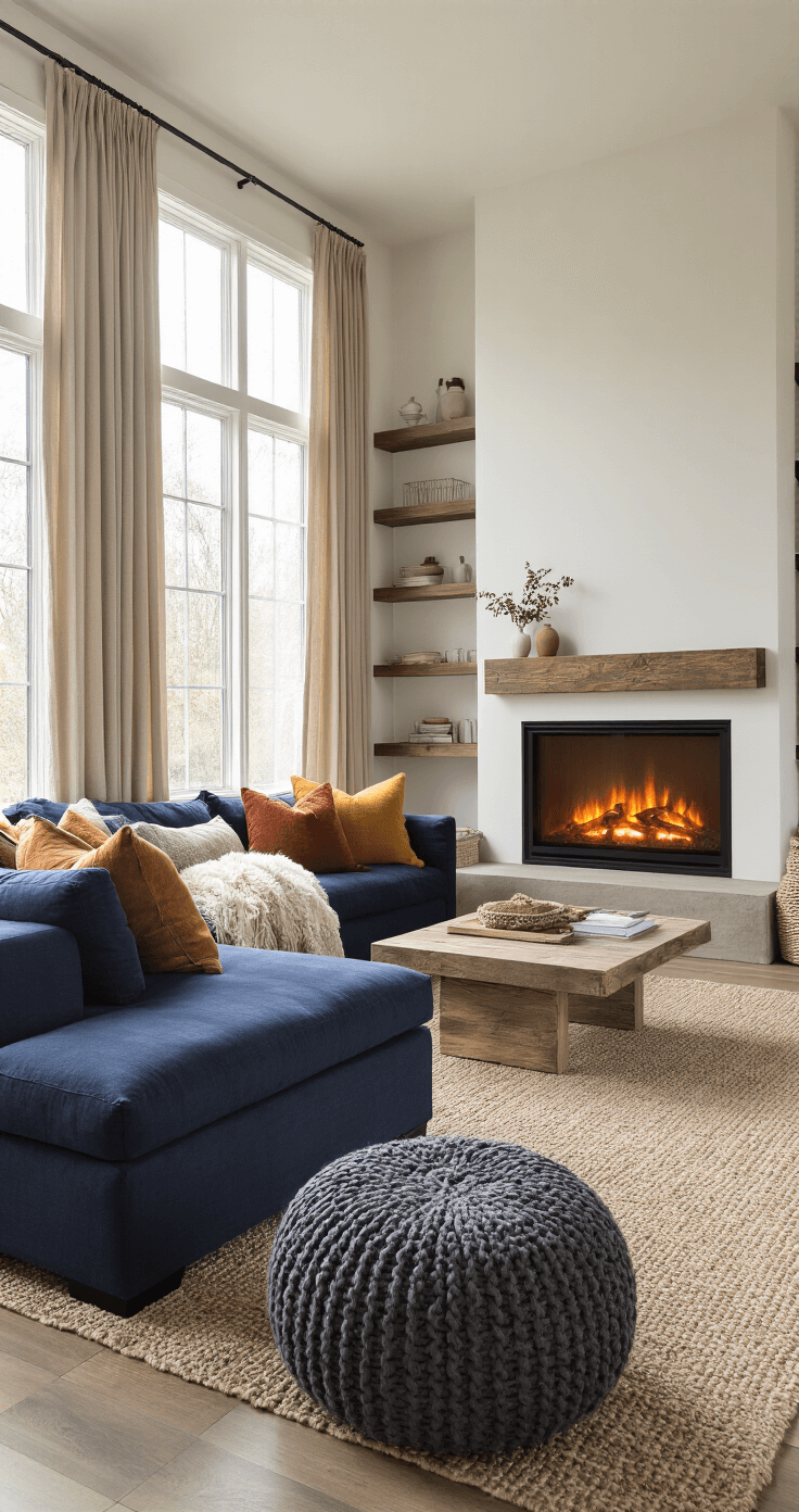 Cozy Chic: Mastering the Art of Comfort in Modern Spaces Cozy family room featuring a modern electric fireplace, plush navy sectional with colorful throw pillows, and a reading nook, captured on a rainy afternoon with soft natural light.