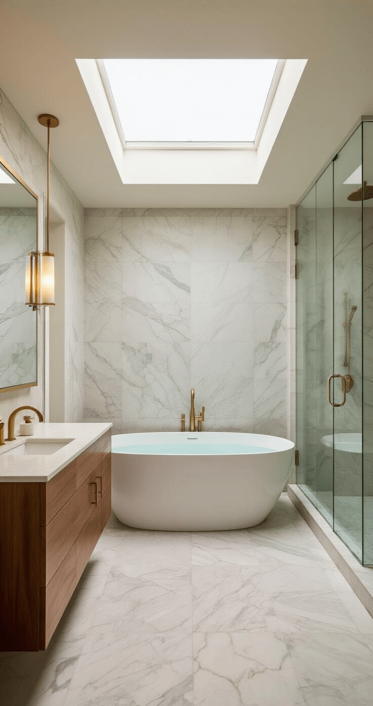Cozy Chic: Mastering the Art of Comfort in Modern Spaces A serene master bathroom spa retreat featuring a freestanding oval bathtub under a skylight, oversized marble tiles, a walnut double vanity with quartz countertops, a glass-enclosed rainfall shower, and a cozy seating area with a velvet bench and eucalyptus vase, all bathed in soft morning light.