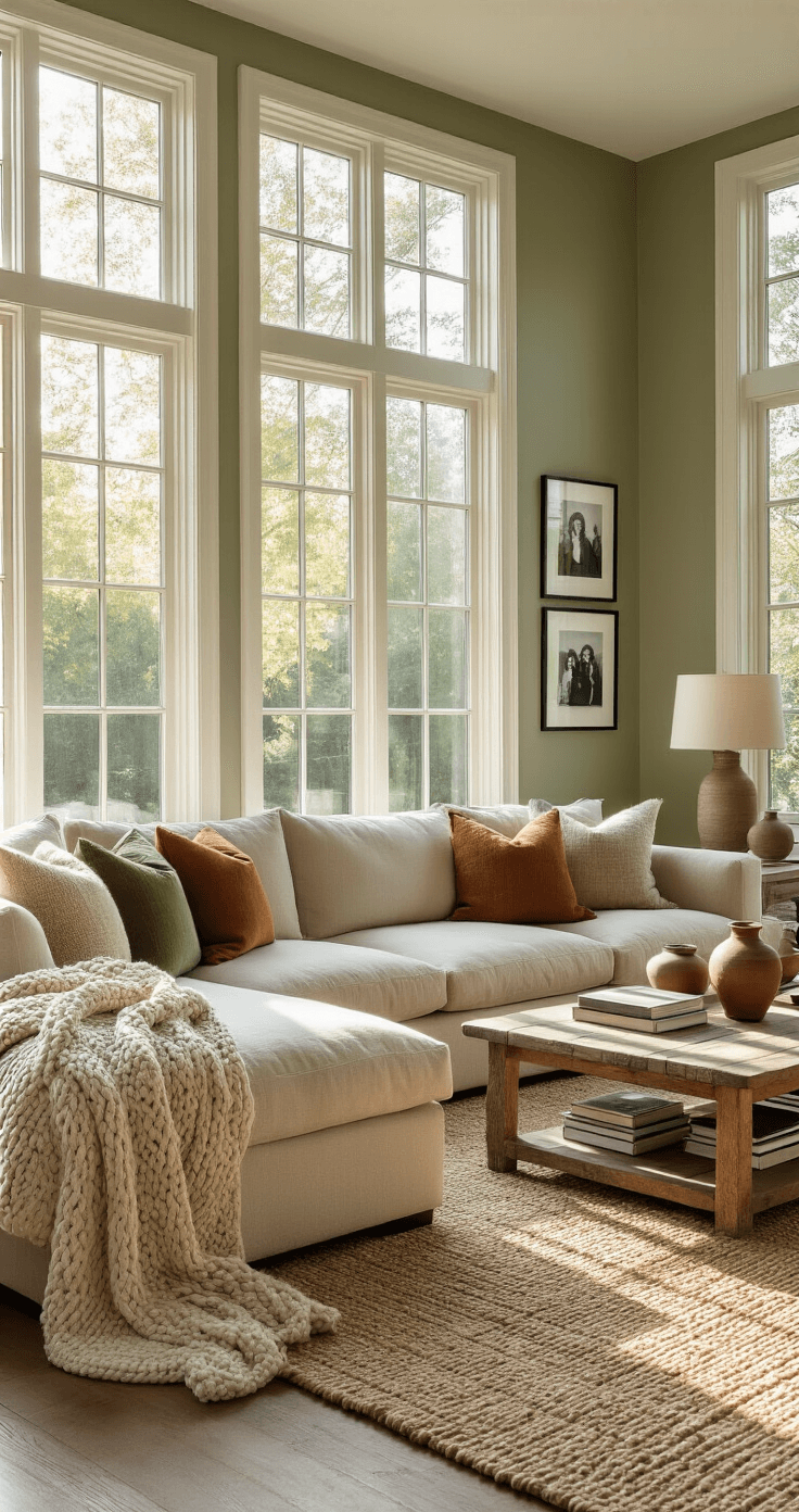 Cozy Vibes: How to Transform Your Home into a Warm and Inviting Sanctuary A spacious living room with bay windows, featuring a beige sectional sofa with textured throw pillows, a chunky knit blanket, a jute rug, and a reclaimed wood coffee table adorned with ceramic vases and art books, all bathed in warm afternoon light and complemented by soft table lamps.