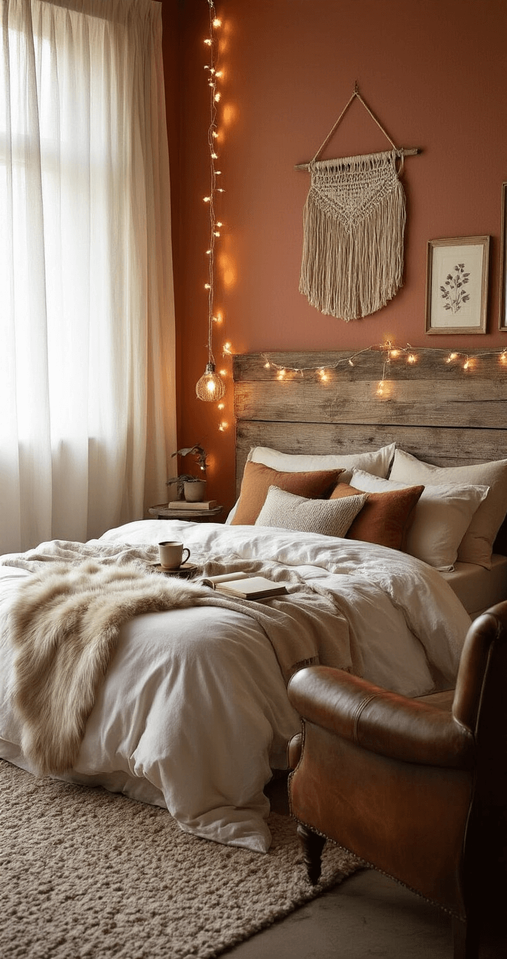 Cozy Vibes: How to Transform Your Home into a Warm and Inviting Sanctuary An intimate bedroom at dusk with string lights illuminating a wooden headboard, a fluffy white duvet on the bed surrounded by earthy pillows and a faux fur throw, a vintage leather armchair with a steaming cup of tea and a book, sheer curtains filtering sunlight, terracotta walls adorned with woven hangings and botanical prints, and a macramé plant hanger with a fern, all captured from a slightly elevated angle.