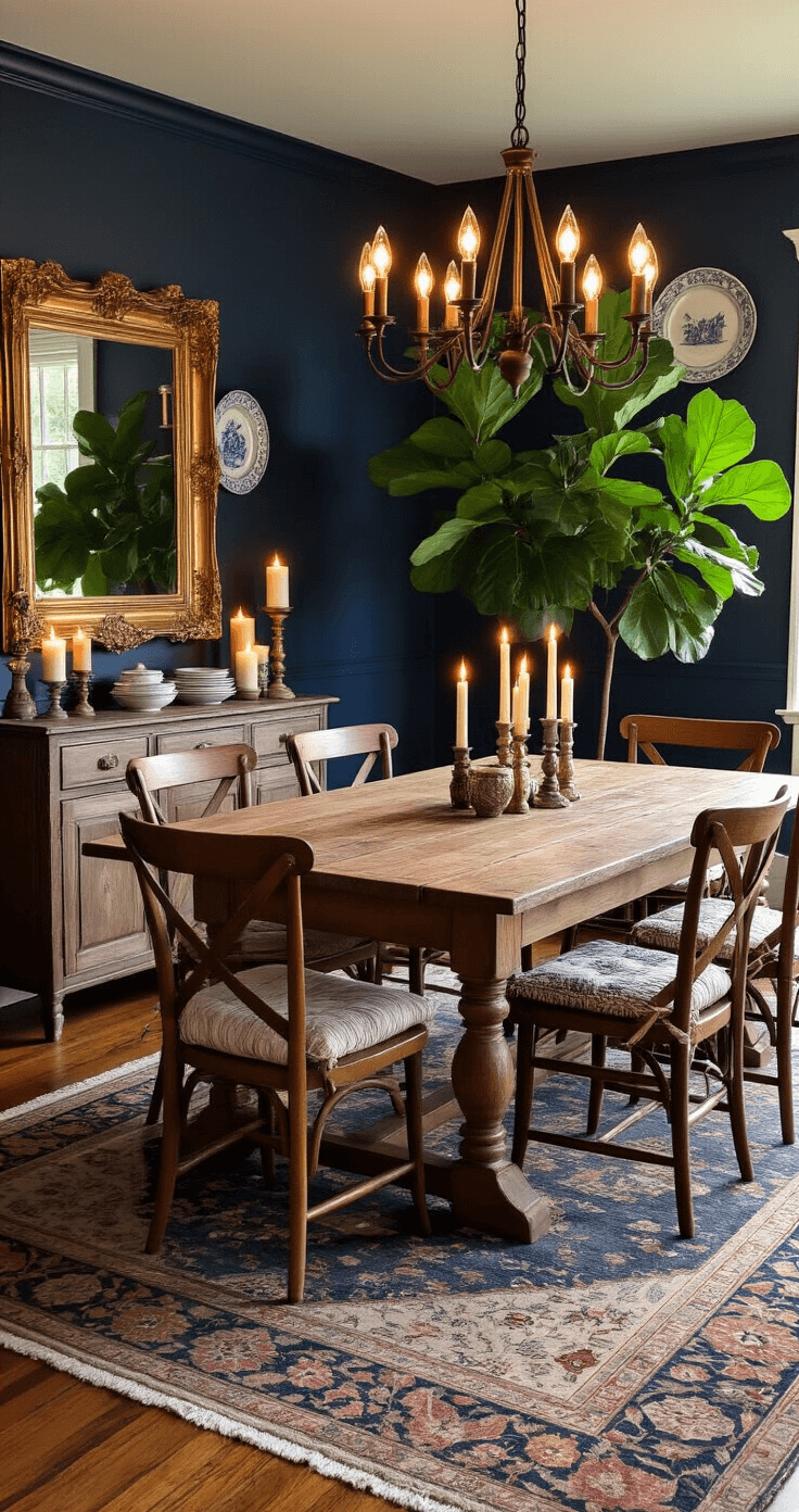 Cozy Vibes: How to Transform Your Home into a Warm and Inviting Sanctuary A rustic dining room with a farmhouse table and mismatched wooden chairs, illuminated by a chandelier and flickering candles, featuring deep navy walls, a gilt-framed mirror, vintage plates, and a fiddle leaf fig tree, all captured in soft evening light.