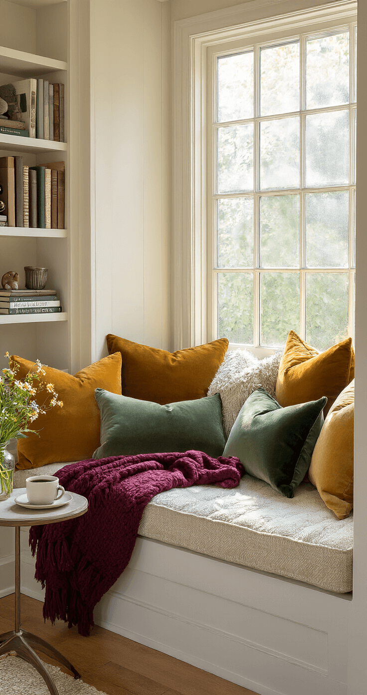 Cozy Vibes: How to Transform Your Home into a Warm and Inviting Sanctuary A cozy bay window reading nook with a cushioned window seat piled with textured pillows, a burgundy throw, built-in bookshelves filled with books and decor, and a small side table with coffee and wildflowers, all bathed in soft morning light.