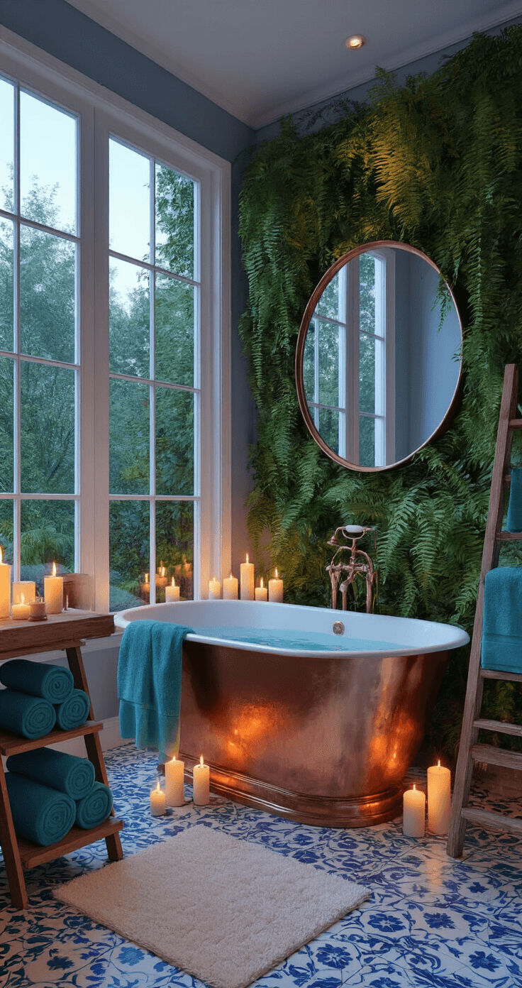 Cozy Vibes: How to Transform Your Home into a Warm and Inviting Sanctuary A luxurious twilight bathroom featuring a freestanding copper bathtub by a large window, surrounded by candles, a floating wooden vanity, and a vintage ladder shelf with teal towels. Moroccan tiles adorn the floors, complemented by a living wall of ferns, all under soft gray-blue walls and ambient candlelight.