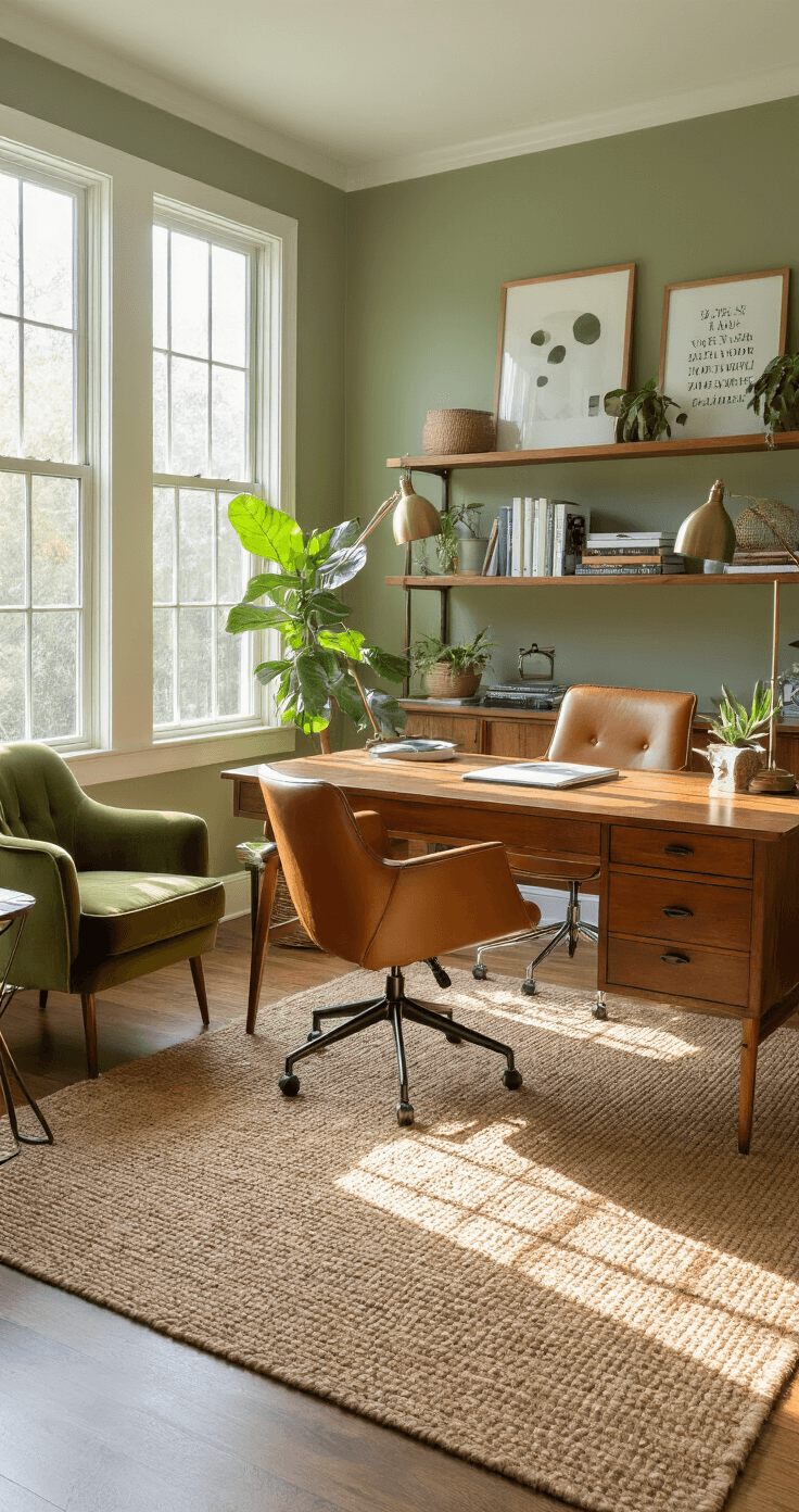 Cozy Vibes: How to Transform Your Home into a Warm and Inviting Sanctuary A bright and inviting home office featuring a large wooden mid-century desk, a cognac leather ergonomic chair, open shelving with books and plants, a cozy olive green velvet reading corner, calming sage green walls with motivational prints, a jute rug on hardwood floors, and a fiddle leaf fig tree, all illuminated by natural light from large windows.