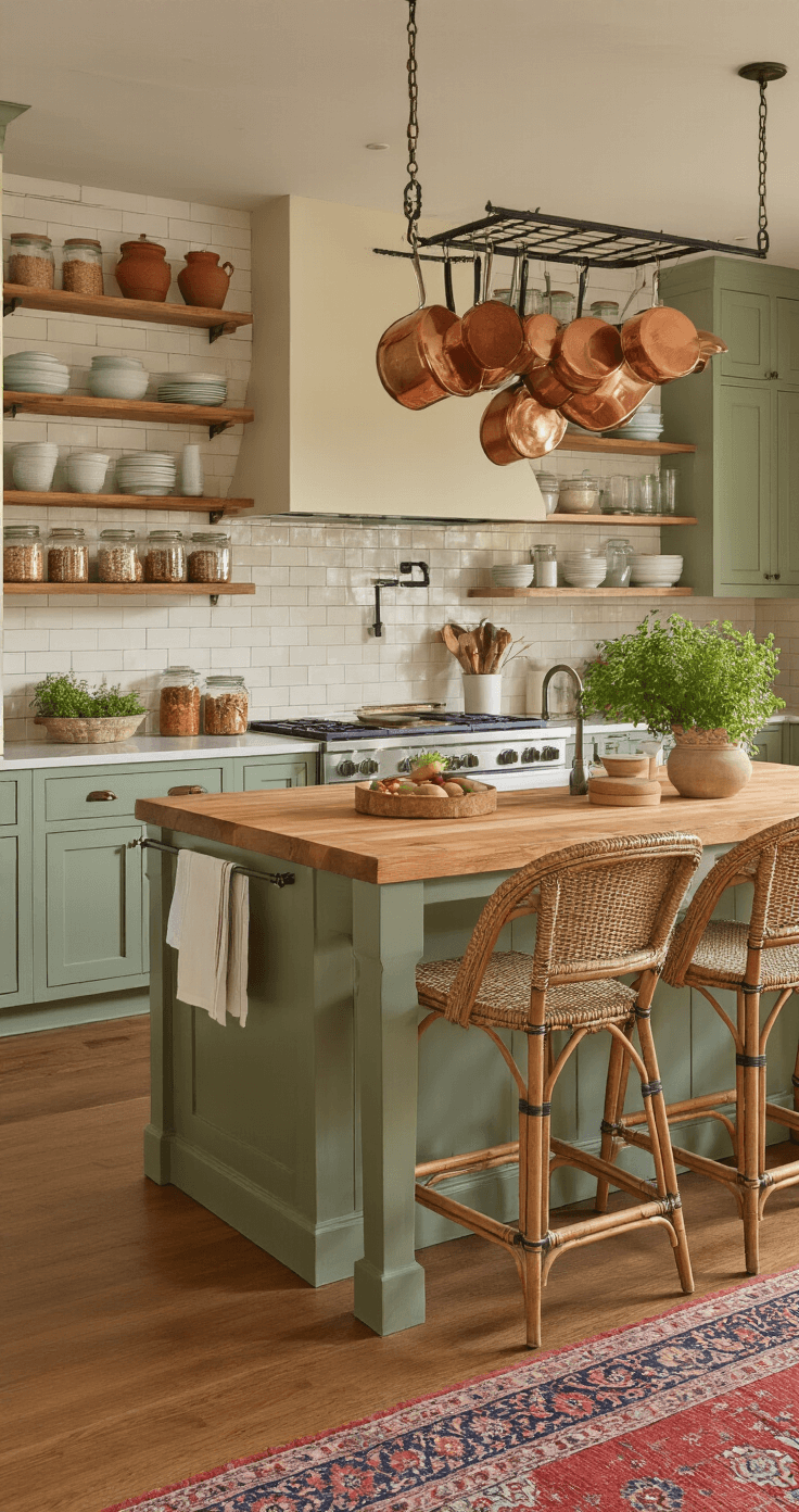 Cozy Vibes: How to Transform Your Home into a Warm and Inviting Sanctuary A cozy kitchen with sage green cabinets, a butcher block island, rattan bar stools, and a farmhouse sink, illuminated by warm evening sunlight.