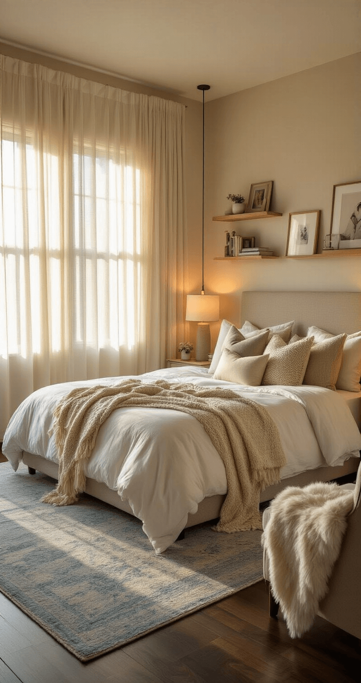 Cozy Bedroom Bliss: Creating Your Perfect Sleep Sanctuary A serene 12x14 ft bedroom featuring a king-size bed with a white duvet and textured pillows, warm golden hour light filtering through sheer curtains, a plush area rug on dark hardwood floors, and cozy armchair, all contributing to a tranquil atmosphere.
