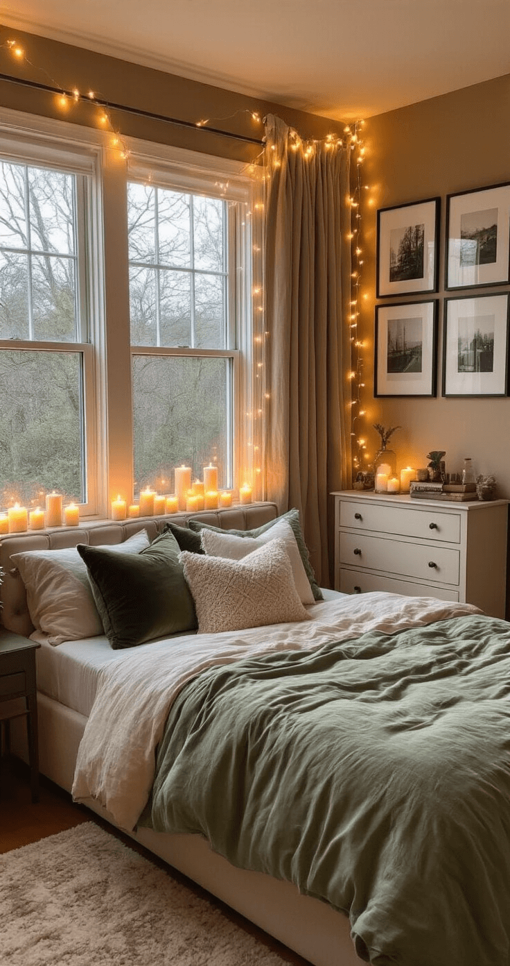 Cozy Bedroom Bliss: Creating Your Perfect Sleep Sanctuary A cozy 10x12 ft bedroom with a queen-size tufted bed dressed in sage and cream linens, illuminated by fairy lights and flameless candles, featuring textured curtains, a vintage dresser with scented candles, and a gallery of black and white photos on warm taupe walls.