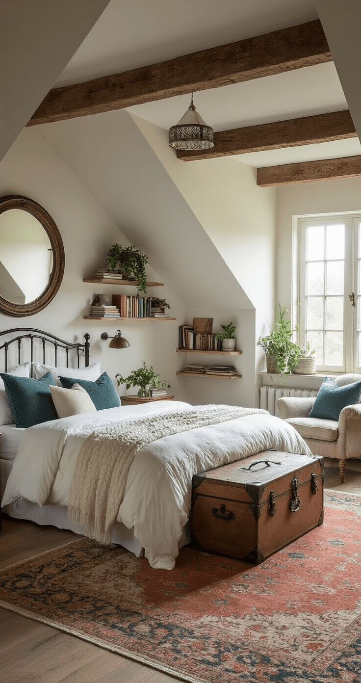 Cozy Bedroom Bliss: Creating Your Perfect Sleep Sanctuary A cozy attic bedroom with sloped ceilings, exposed beams, and soft morning light; featuring a wrought-iron double bed, rustic wooden trunk, floating shelves with books and plants, a circular mirror, vintage rug, and a reading nook by the dormer window.