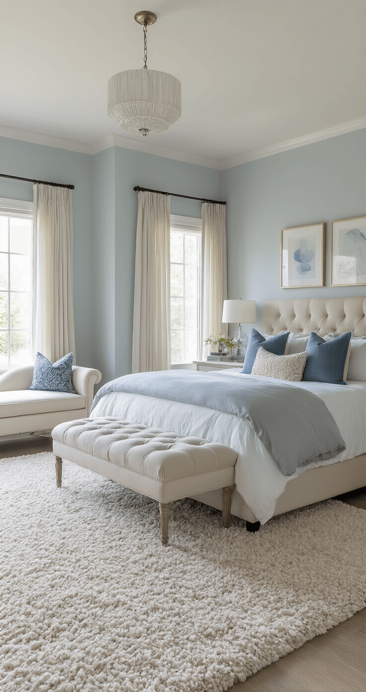 Cozy Bedroom Bliss: Creating Your Perfect Sleep Sanctuary A serene master bedroom featuring a California king bed with a plush gray comforter and blue textured pillows, cream velvet tufted bench, oversized nightstands with elegant lamps, a chaise lounge by a bay window, and a luxurious ivory shag rug on hardwood floors, all illuminated by soft afternoon light.