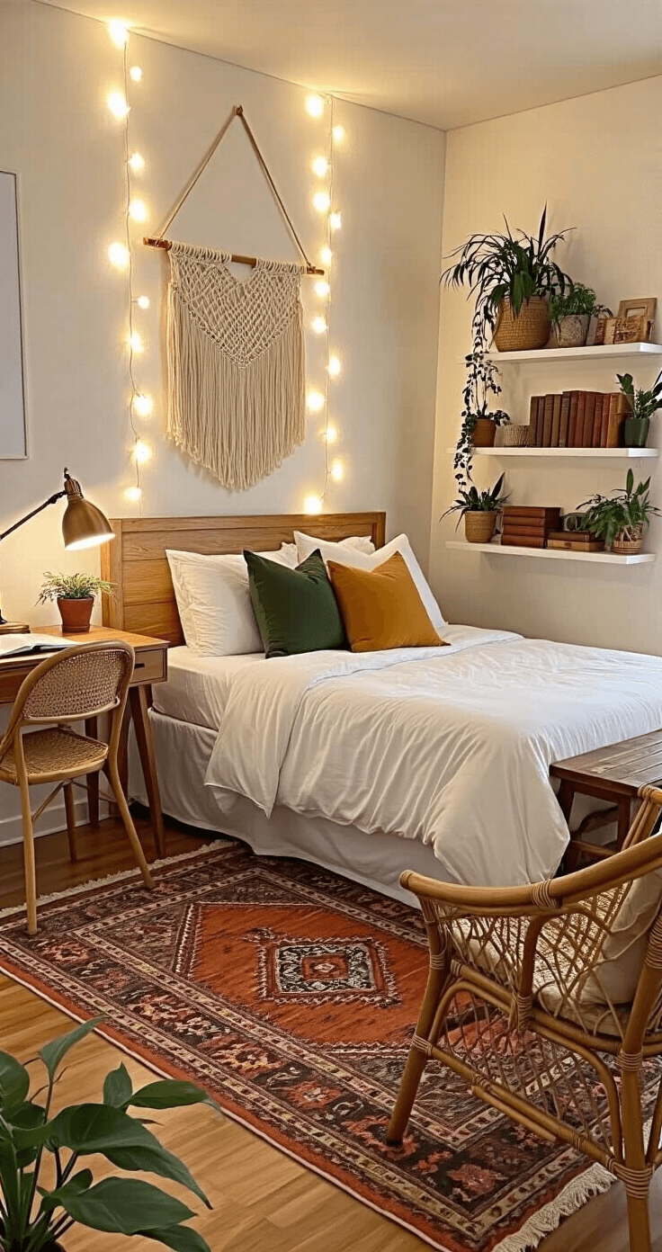 Cozy Bedroom Bliss: Creating Your Perfect Sleep Sanctuary Cozy guest bedroom featuring a full-size bed with white linens and earthy throw pillows, illuminated by string lights, with a macramé wall hanging, a vintage writing desk, and eclectic decor including plants and travel souvenirs, all set on a colorful patterned rug.