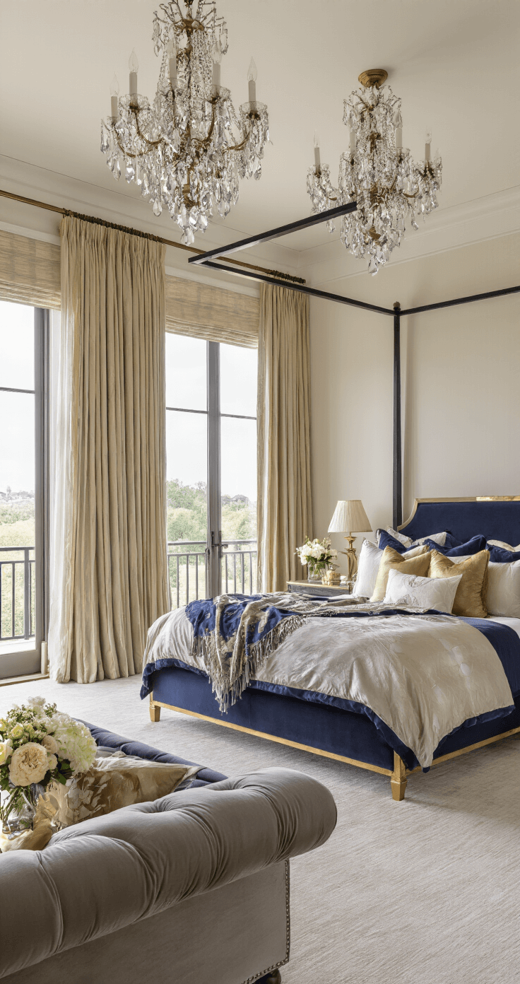 Cozy Bedroom Bliss: Creating Your Perfect Sleep Sanctuary A luxurious primary bedroom with a grand four-poster bed, navy duvet, and an array of cream and gold pillows, featuring a tufted gray velvet chaise lounge near floor-to-ceiling windows, adorned with crystal chandeliers, gold-accented nightstands, and a large ornate mirror, all set on a pale gold carpet.