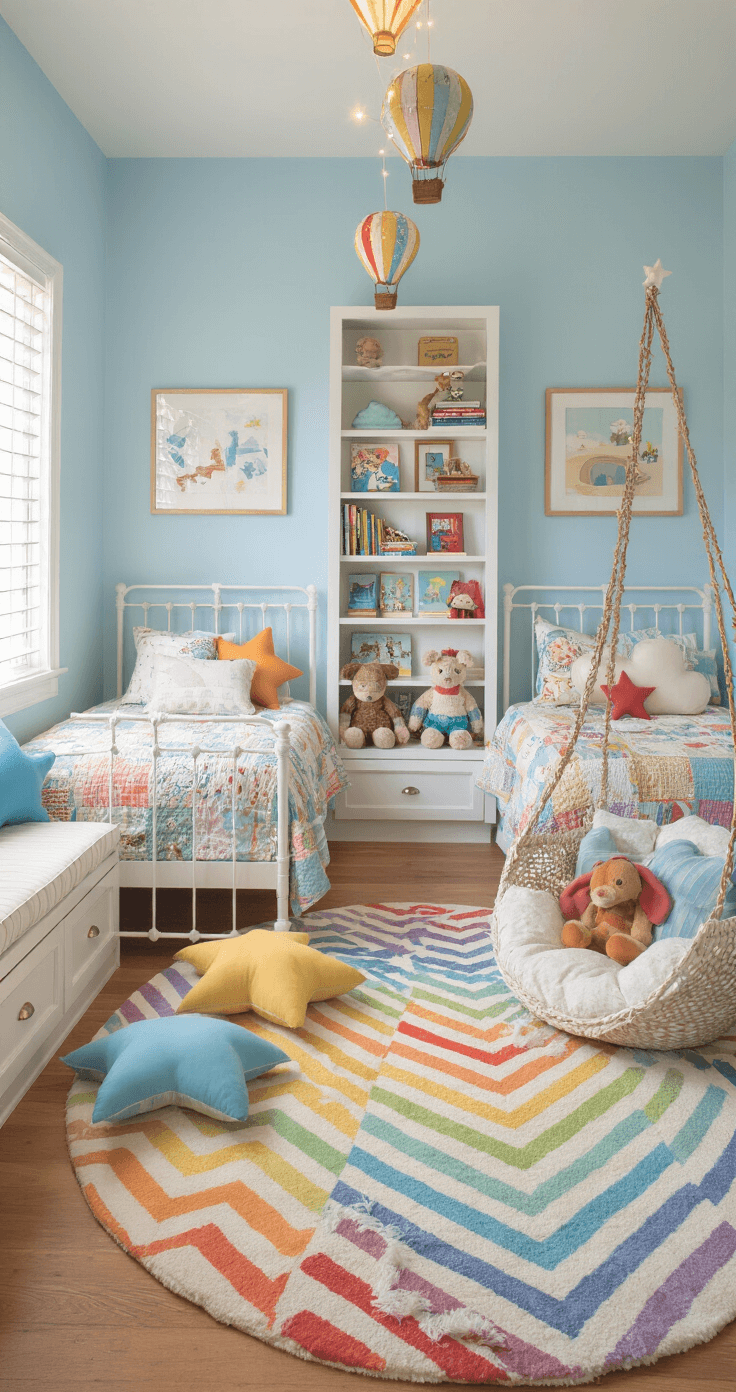 Cozy Bedroom Bliss: Creating Your Perfect Sleep Sanctuary A charming children's bedroom with twin beds in white metal frames, colorful quilts, whimsical pillows, string lights shaped like hot air balloons, a rainbow chevron rug, built-in bookshelves filled with books and stuffed animals, a cozy hanging chair in a reading nook, and soft sky blue walls adorned with framed children's artwork, all bathed in the warm light of a summer morning.