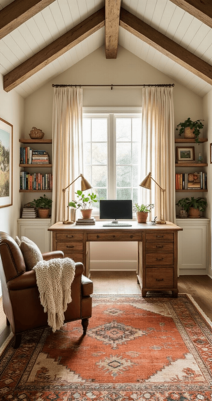 Creating a Cozy Home Office: Your Ultimate Guide to Comfort and Productivity A sunlit home office with vaulted ceilings, wooden beams, and a rustic wooden desk by a large window, featuring a warm terracotta rug, a leather armchair with a chunky knit throw, bookshelves with colorful books and plants, brass accents, and a gallery wall of nature prints, all captured in a wide shot from the doorway.
