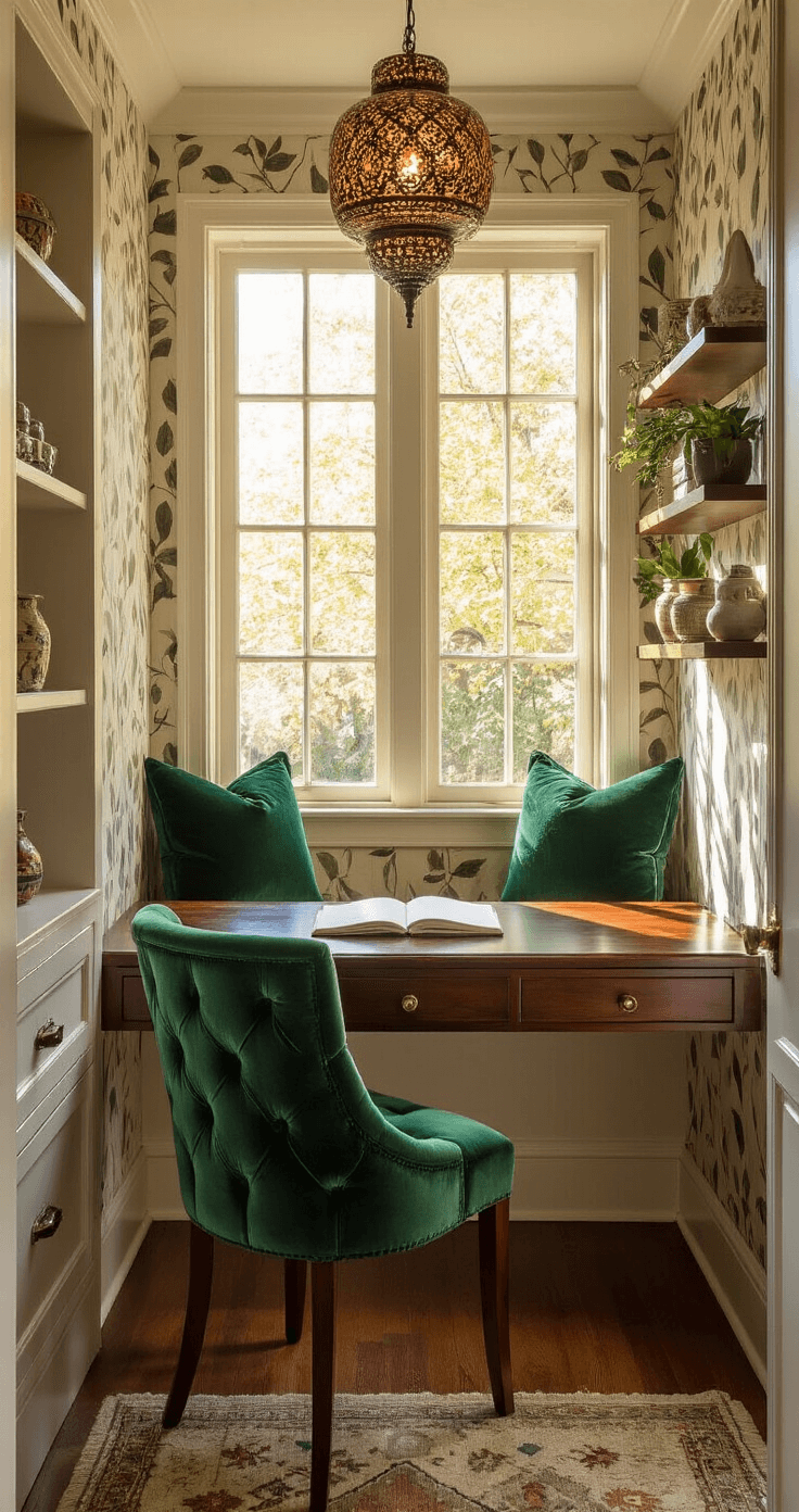 Creating a Cozy Home Office: Your Ultimate Guide to Comfort and Productivity An intimate home office nook featuring a bay window with a built-in seat, adorned with plush velvet cushions in jewel tones. A rich mahogany writing desk and emerald green tufted chair are positioned nearby, with floating shelves displaying ceramics and plants. A Moroccan pendant light casts intricate shadows, while textured leaf-patterned wallpaper adds depth. Warm afternoon sunlight creates a serene and inspiring atmosphere.