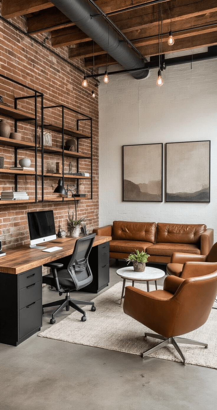 Creating a Cozy Home Office: Your Ultimate Guide to Comfort and Productivity A spacious industrial-chic home office featuring exposed white-painted brick walls, polished concrete floors, a reclaimed wood L-shaped desk with an ergonomic chair, matte black metal bookshelves, cognac leather mid-century modern armchairs, a round marble side table, oversized abstract art, and soft diffused lighting.