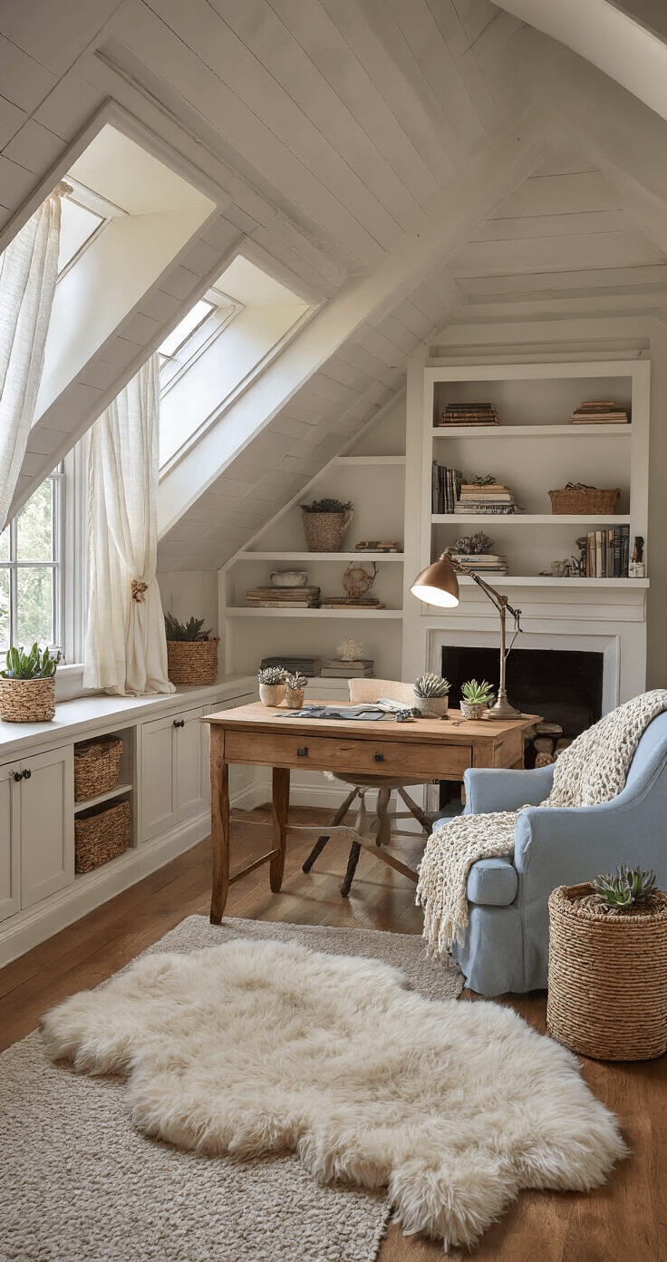 Creating a Cozy Home Office: Your Ultimate Guide to Comfort and Productivity A cozy attic home office with slanted ceilings and dormer windows, featuring a vintage wooden desk, warm LED lamp, succulents, a plush sheepskin rug, built-in bookcases, a small fireplace, and a reading nook with a pale blue armchair and crocheted throw blanket, all bathed in soft morning light.