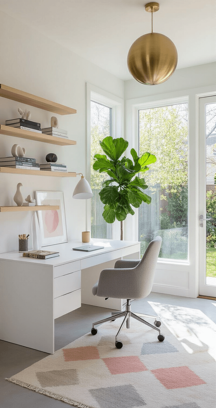 Creating a Cozy Home Office: Your Ultimate Guide to Comfort and Productivity A modern Scandinavian-inspired home office featuring floor-to-ceiling windows, a minimalist white desk, light gray ergonomic chair, fiddle leaf fig tree, pale wood floating shelves with design books, soft pastel geometric area rug, and a brushed brass pendant light, all bathed in bright afternoon light.