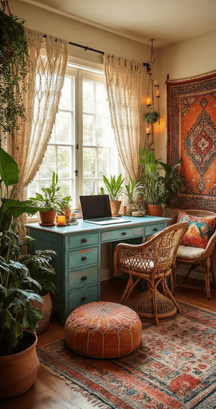 Creating a Cozy Home Office: Your Ultimate Guide to Comfort and Productivity A cozy 8x10 ft home office with bohemian decor, featuring a distressed turquoise vintage desk, mismatched chairs, lush potted plants, and warm late afternoon sunlight filtering through macramé curtains, casting intricate shadows.