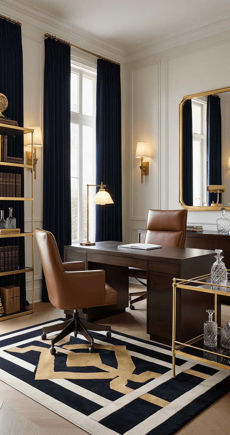 Creating a Cozy Home Office: Your Ultimate Guide to Comfort and Productivity An elegant home office featuring Art Deco influences, with tall windows draped in deep navy velvet, a dark walnut desk, a cognac leather office chair, gold-leafed bookshelves, a brass and glass bar cart, a bold geometric rug, and soft lighting, all reflecting sophistication and luxury.