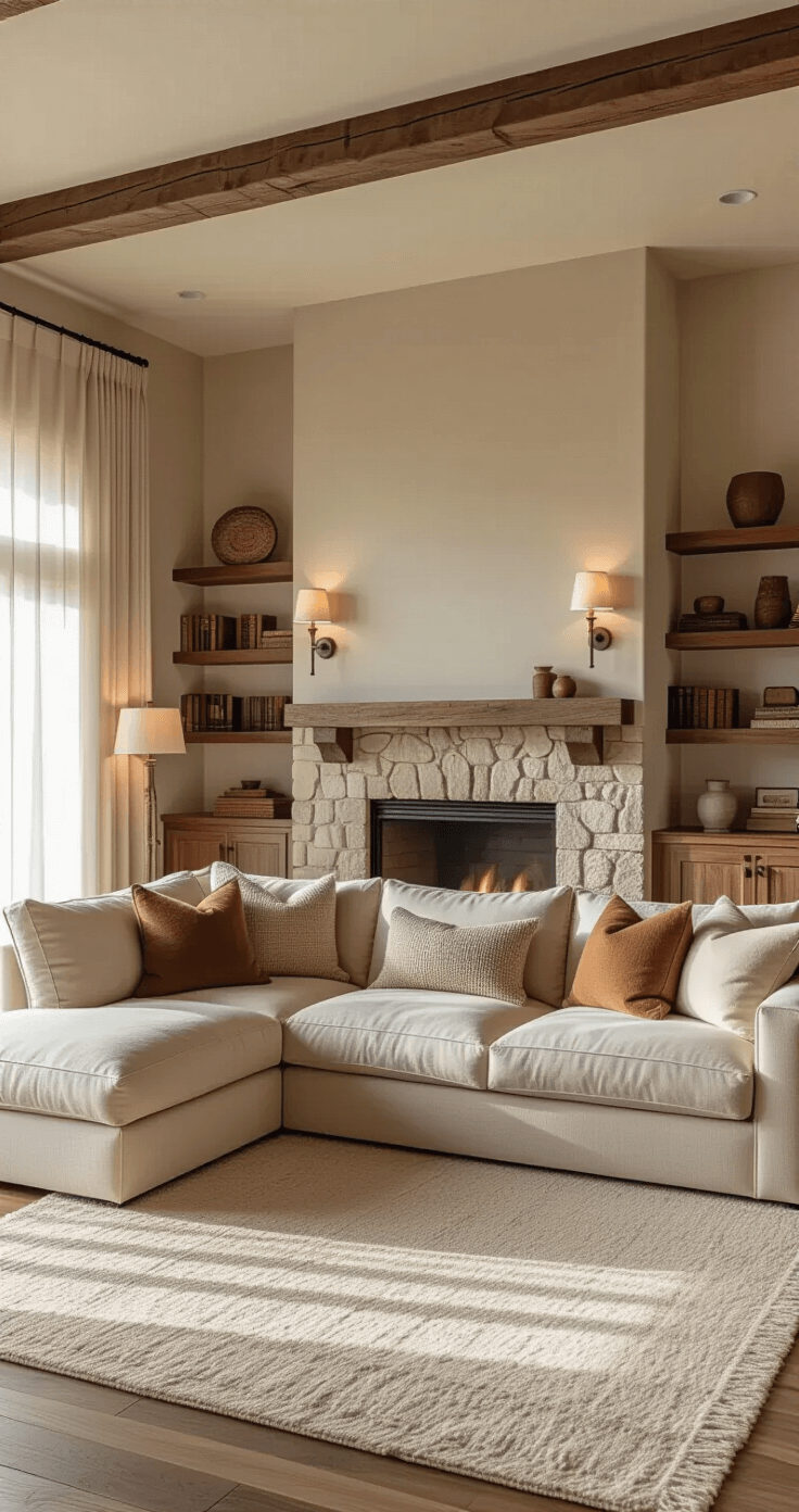 Crafting a Cozy Living Room: Your Ultimate Guide to Comfort and Style A cozy living room with low ceilings, featuring a beige sectional sofa with textured throw pillows, a plush cream area rug, a stone fireplace with a reclaimed wood mantel, and built-in bookshelves, all illuminated by warm afternoon light filtering through sheer curtains.