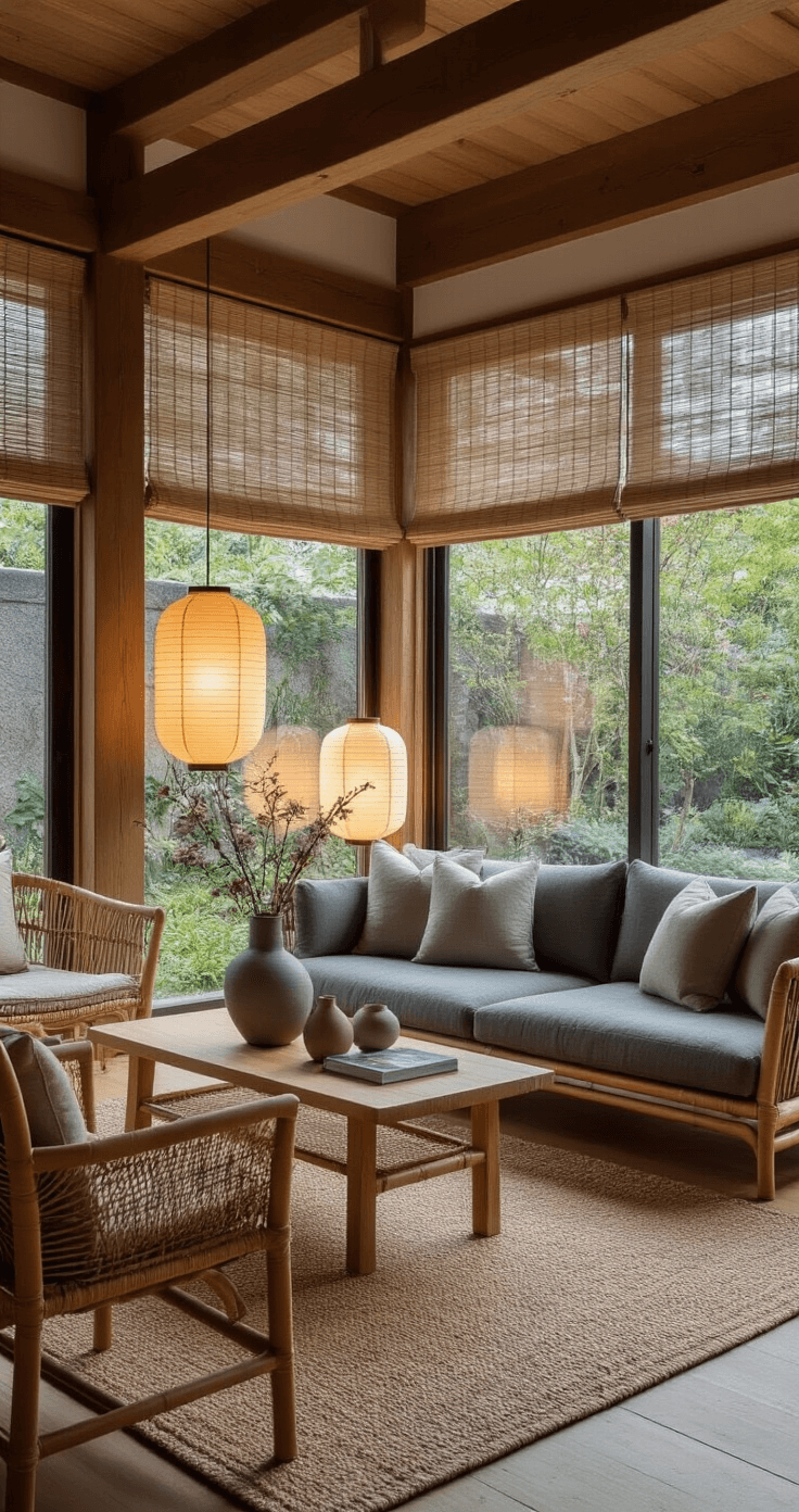 Crafting a Cozy Living Room: Your Ultimate Guide to Comfort and Style An intimate Japandi-style living room at dusk, featuring a charcoal gray sofa, rattan accent chairs, paper lantern lamps, and a serene garden view through a large window, all in muted earth tones with accents of sage green and pale pink.