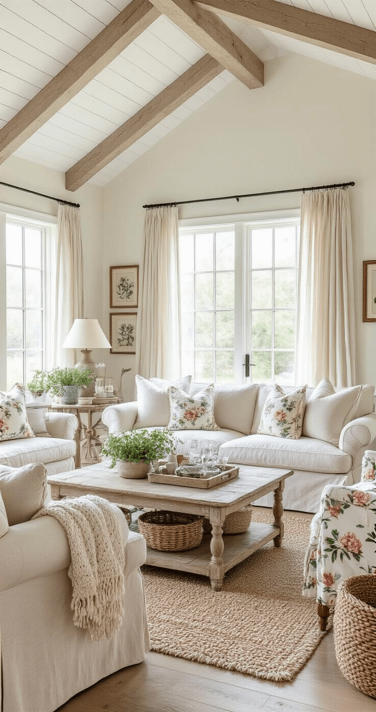 Crafting a Cozy Living Room: Your Ultimate Guide to Comfort and Style A modern cottagecore living room featuring vaulted ceilings and large windows, with a slipcovered sofa, vintage floral armchairs, and a farmhouse-style bar cart, all illuminated by soft morning light.