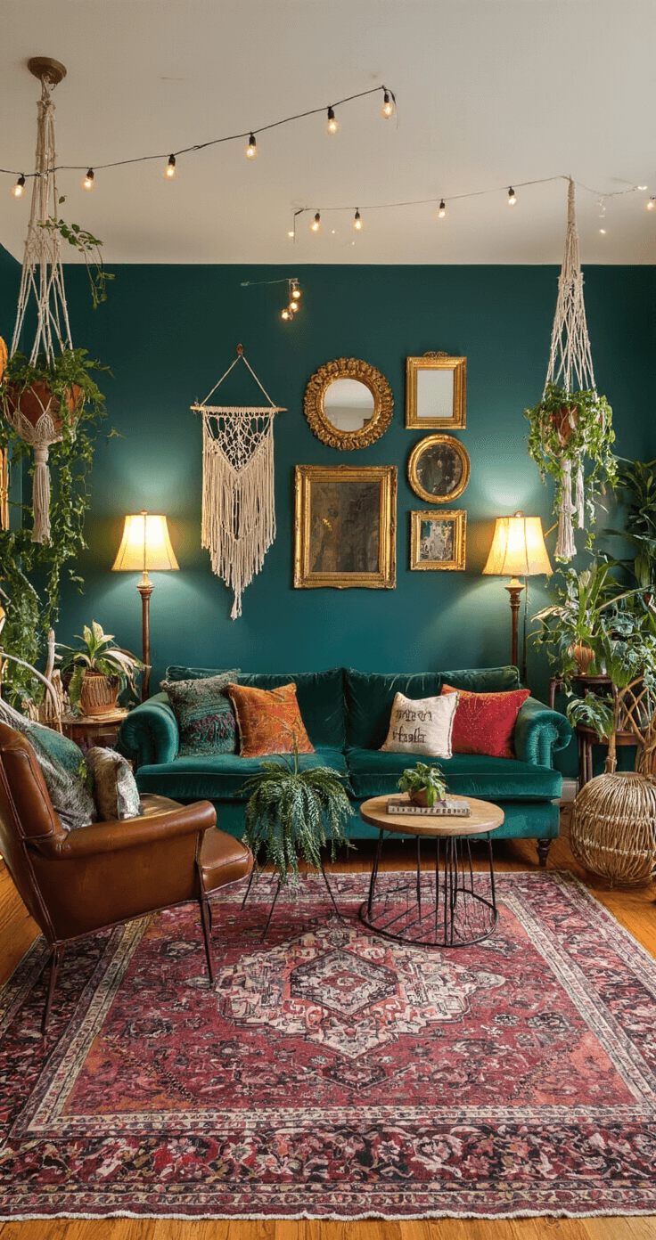 Crafting a Cozy Living Room: Your Ultimate Guide to Comfort and Style A cozy boho-vintage living room at twilight with dark teal walls, a velvet emerald green sofa, a leather mid-century armchair, and a rattan peacock chair, lit by mismatched table lamps and string lights; featuring Persian rugs, macramé wall hangings, a gallery wall of mirrors and art prints, jewel-toned throw pillows, and cascading trailing plants.