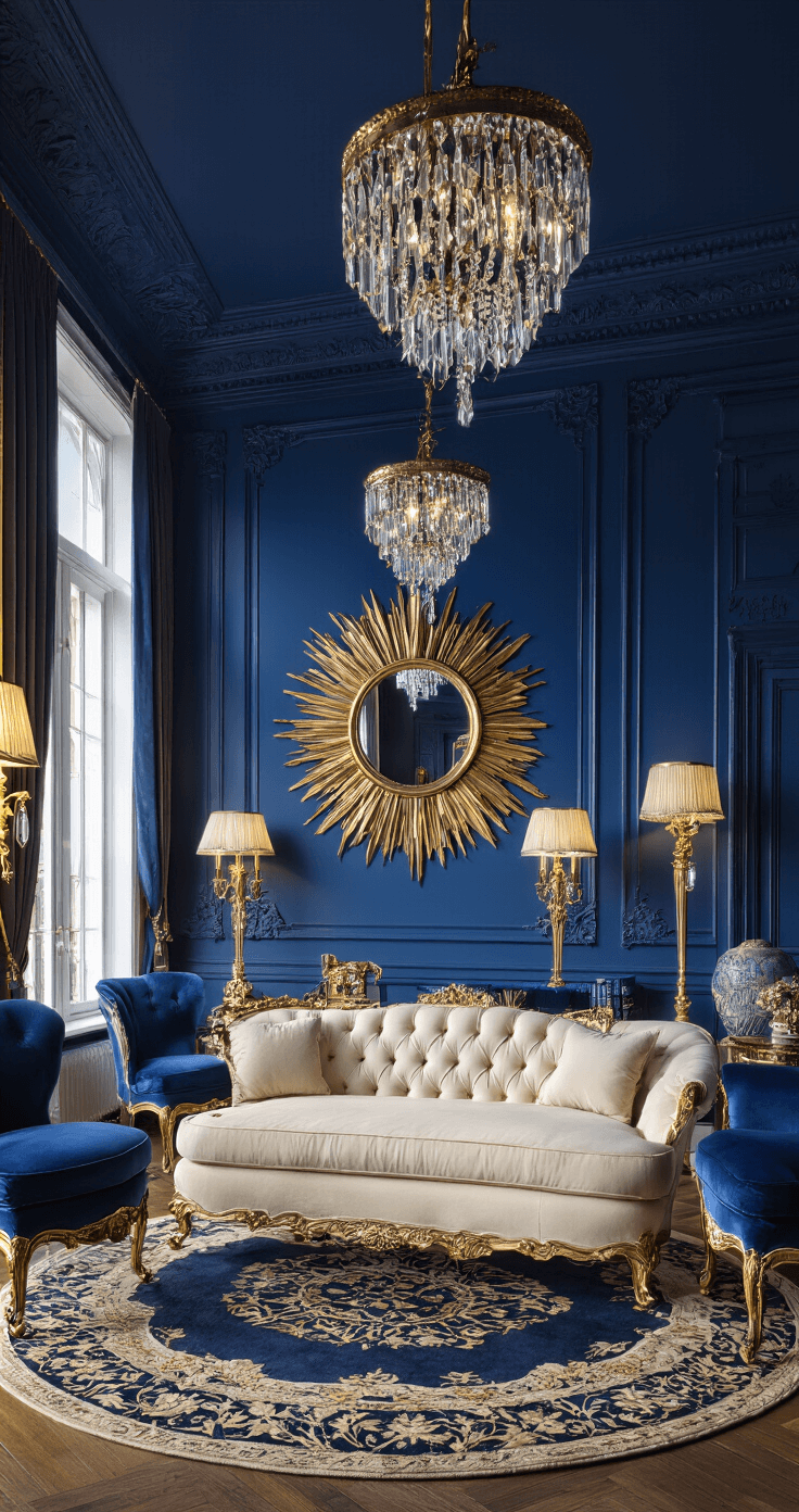 Crafting a Cozy Living Room: Your Ultimate Guide to Comfort and Style Luxurious living room in deep sapphire blue with cream velvet sofa, blue velvet accent chairs, gilded decor, and layered lighting, featuring polished hardwood floors and a plush navy and gold area rug, captured in golden hour light.