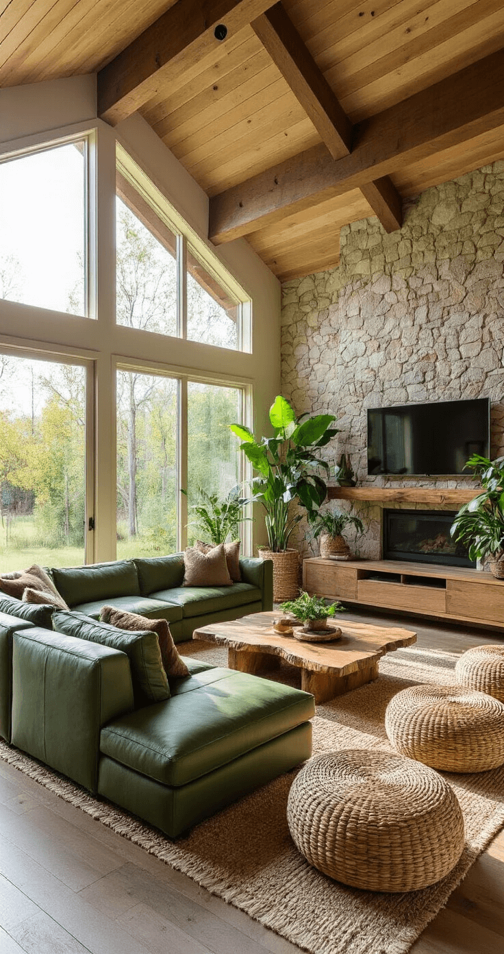Crafting a Cozy Living Room: Your Ultimate Guide to Comfort and Style A sunlit nature-inspired living room with vaulted ceilings, featuring a forest green leather sectional, stone accent wall, and large potted plants, including a fiddle leaf fig. The space showcases earthy tones and a cozy throw pillow collection, captured from an elevated corner angle.