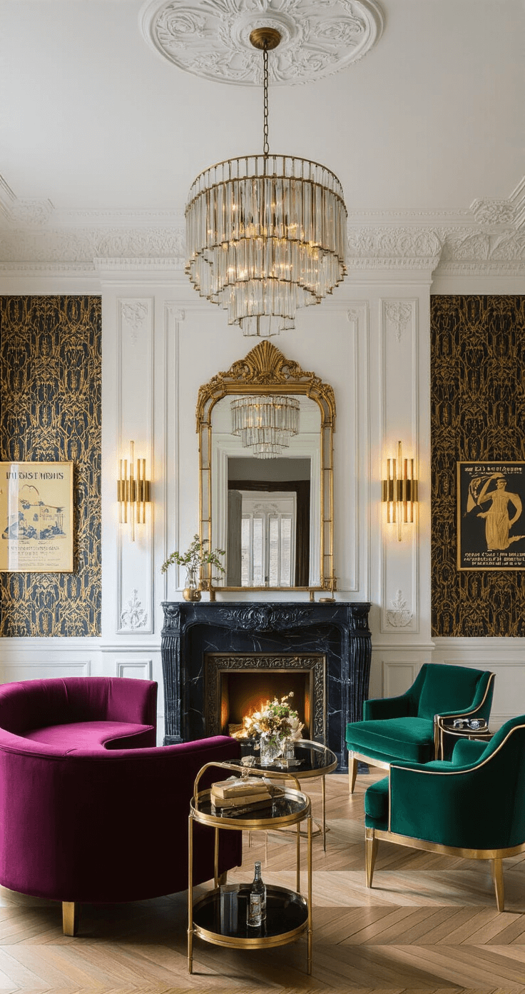 Crafting a Cozy Living Room: Your Ultimate Guide to Comfort and Style Art deco-inspired living room at midnight featuring a velvet burgundy sofa, gold-framed emerald green armchairs, a black marble fireplace, and geometric brass sconces, illuminated with low-angle lighting to highlight luxurious details.