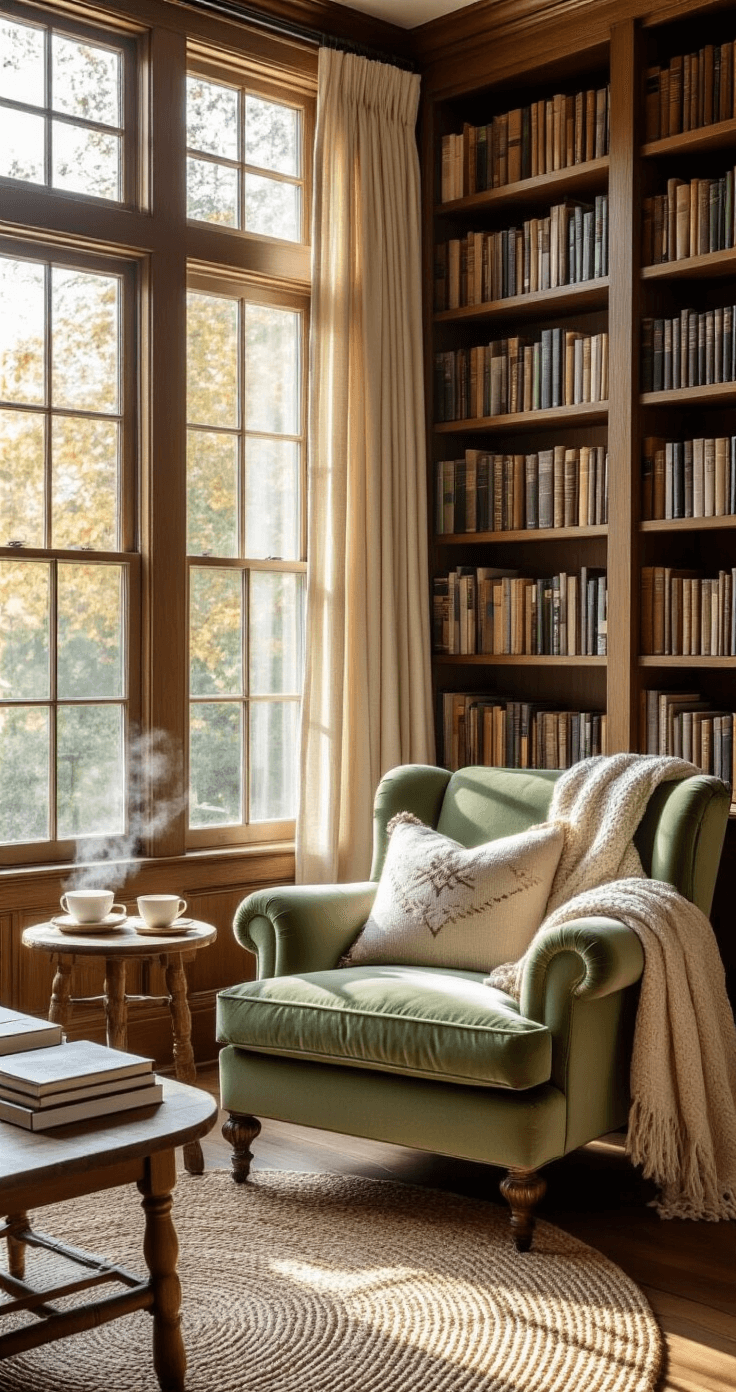 A sunlit living room corner featuring a sage green velvet armchair, weathered oak side table with a steaming cup of tea, and a stack of colorful books, surrounded by floor-to-ceiling walnut bookshelves. Embroidered pillows and a chunky knit throw add texture, while a braided jute rug anchors the inviting space.