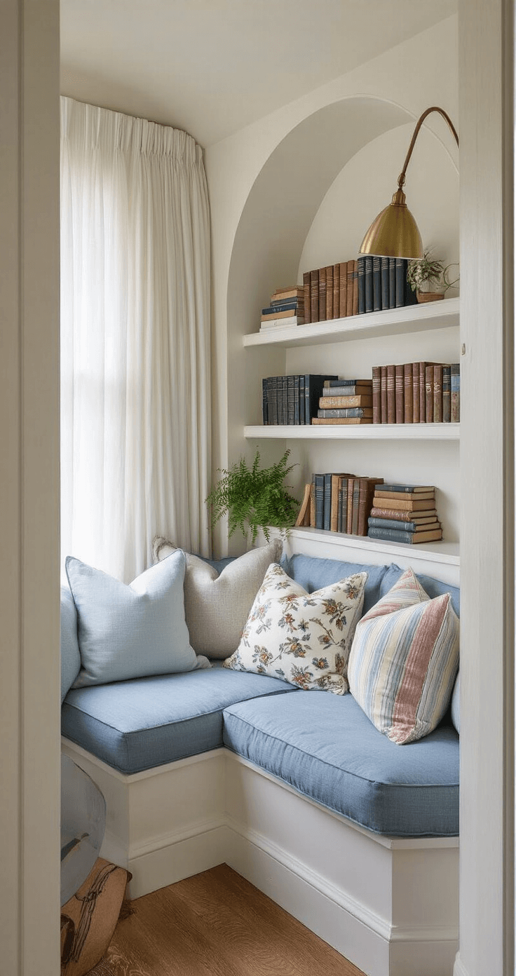 A cozy alcove reading sanctuary in a Victorian-style bedroom, featuring a built-in window seat with dusty blue cushions, floating shelves filled with hardcover classics, and a brass floor lamp, all bathed in soft morning light.