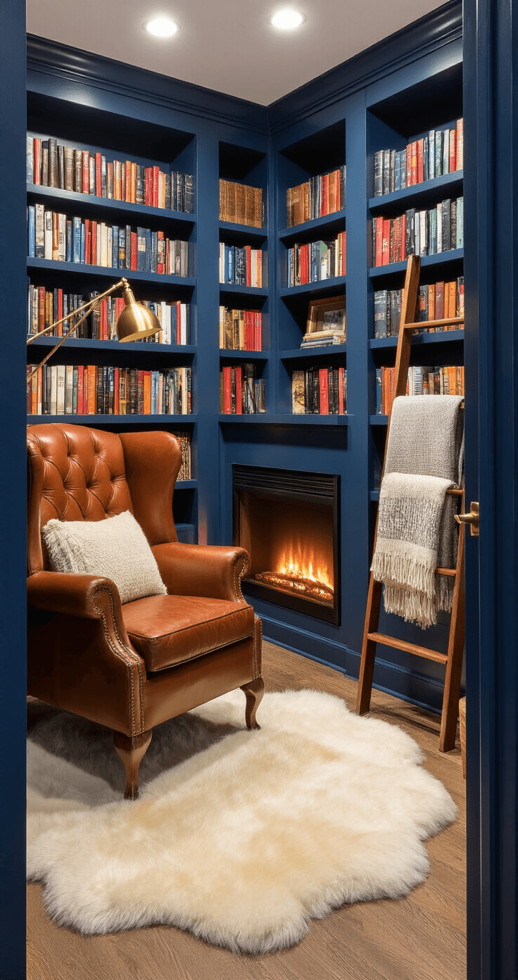 A cozy reading nook in a converted walk-in closet featuring rich navy blue bookshelves, a vintage cognac leather wingback chair, and soft recessed lighting, with a small electric fireplace and colorful book spines creating an intimate atmosphere.