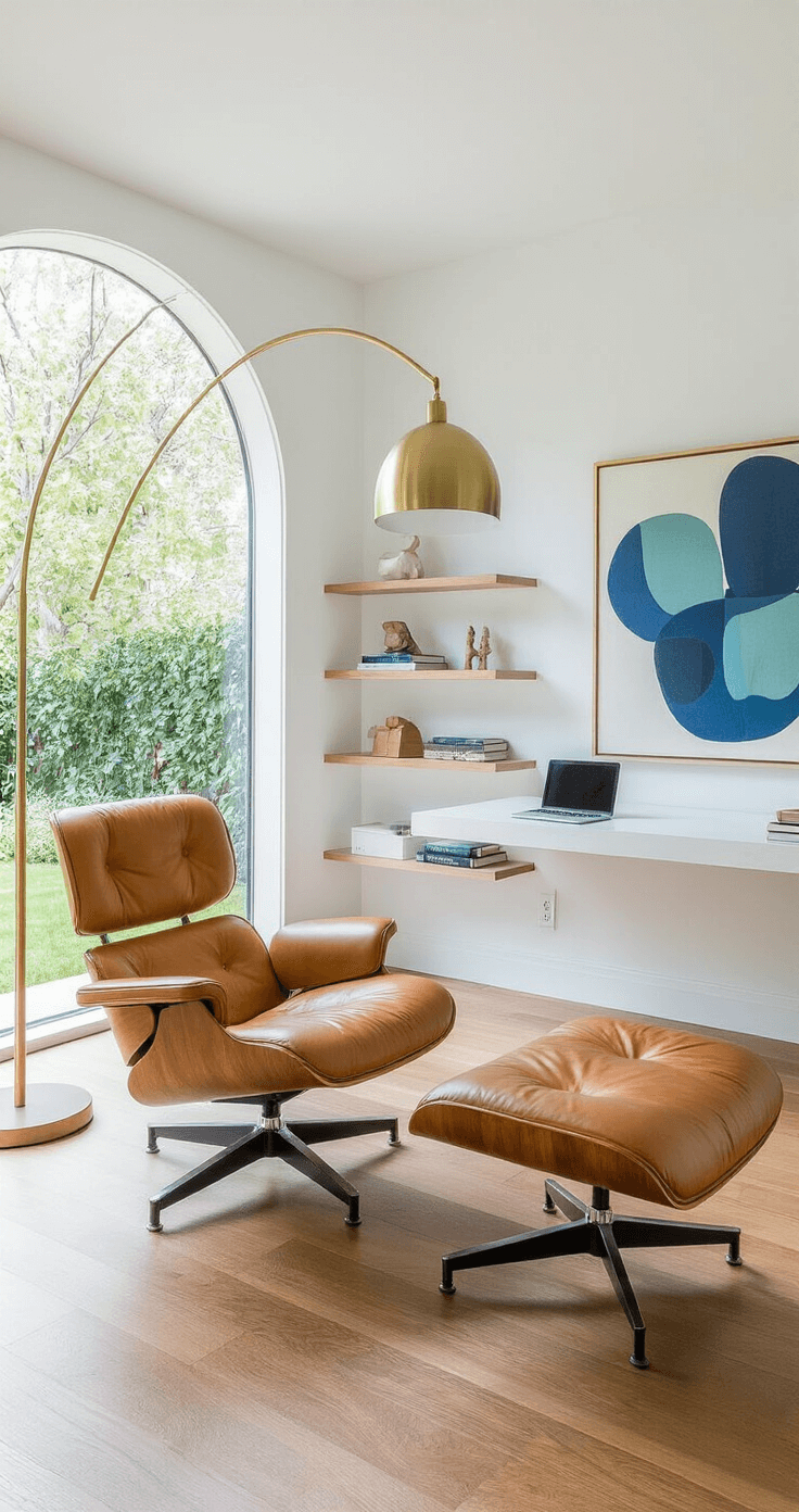 A modern home office featuring a reading corner with a caramel leather lounge chair, floor-to-ceiling windows overlooking a garden, a minimalist desk with a laptop, and a geometric bookshelf. An abstract painting adds color to the bright, inspiring space.