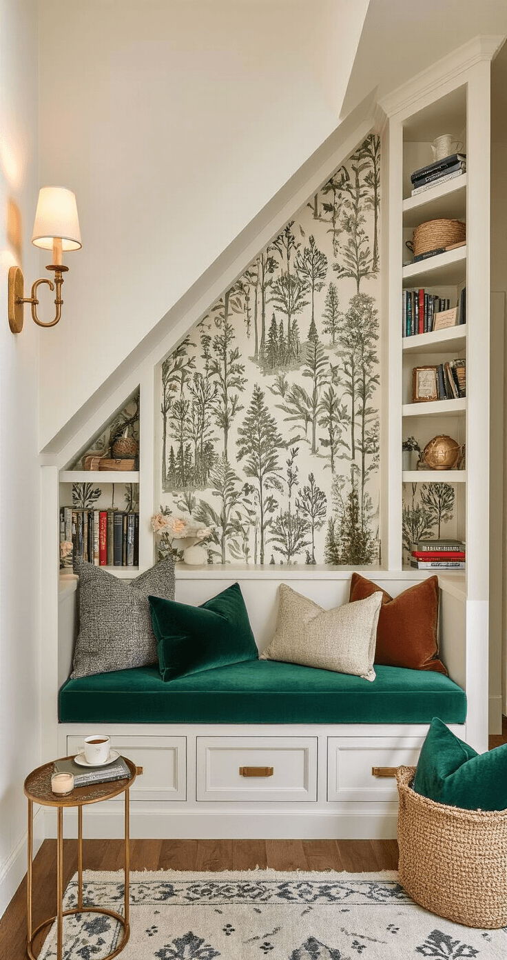A cozy reading nook tucked under a staircase, featuring a custom-built emerald green velvet bench with drawers, whimsical forest wallpaper, built-in shelves filled with books and mementos, a small gold side table with a coffee cup and candle, and assorted pillows in green, gold, and cream.