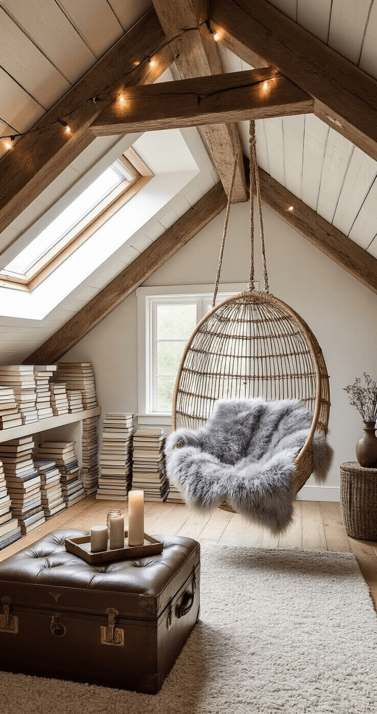 A cozy attic reading loft with exposed wooden beams and a large skylight, featuring a hanging rattan chair draped with a pale gray throw, surrounded by stacks of books, a distressed leather ottoman, and string lights, complemented by a vintage trunk table with candles and wildflowers, all on a Moroccan-style rug.