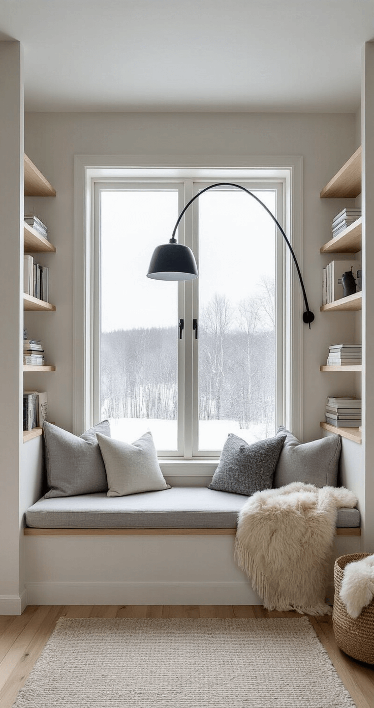 A cozy Scandinavian-inspired reading nook with a built-in window seat, light gray linen cushion, and floating shelves displaying books and decor, illuminated by a sleek black floor lamp. Soft gray and white pillows, a sheepskin throw, and a paper crane mobile enhance the serene atmosphere. Snowy landscape visible through the large picture window.