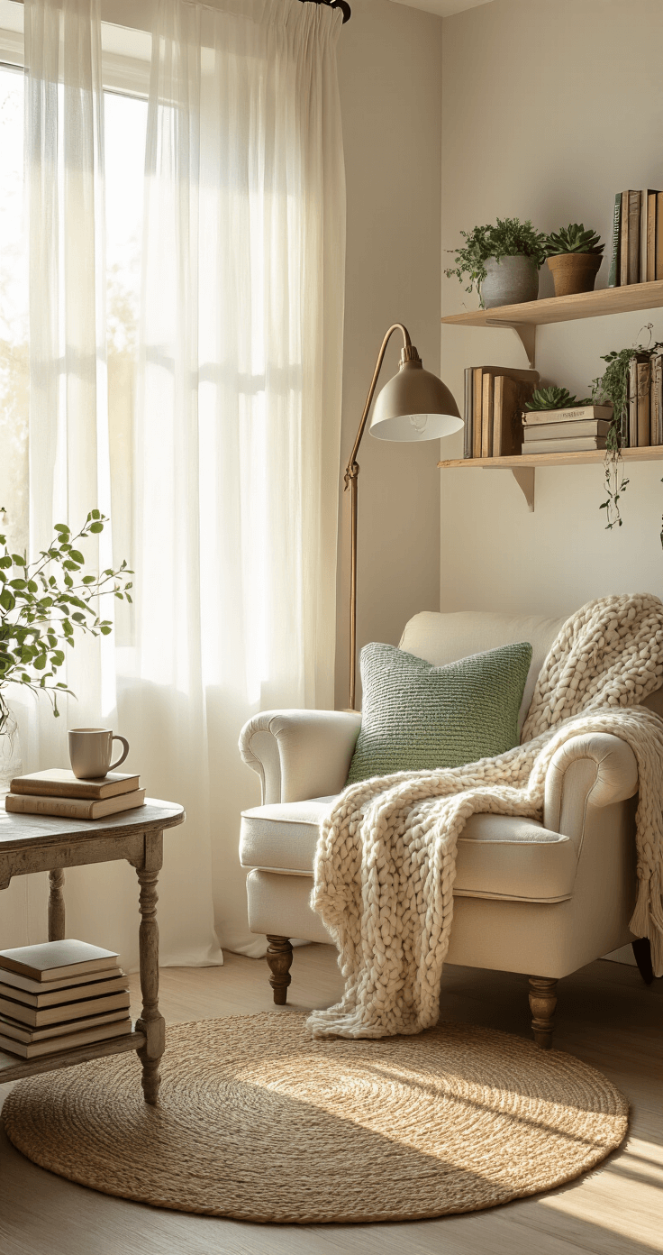 Cozy Corner Styling: Create Your Perfect Reading Nook A cozy alcove in a living room with golden hour light streaming through sheer curtains, featuring a plush ivory armchair with a sage throw, a distressed wood side table with a steaming mug and books, floating shelves with novels and succulents, a round jute rug, and string lights for a warm glow.