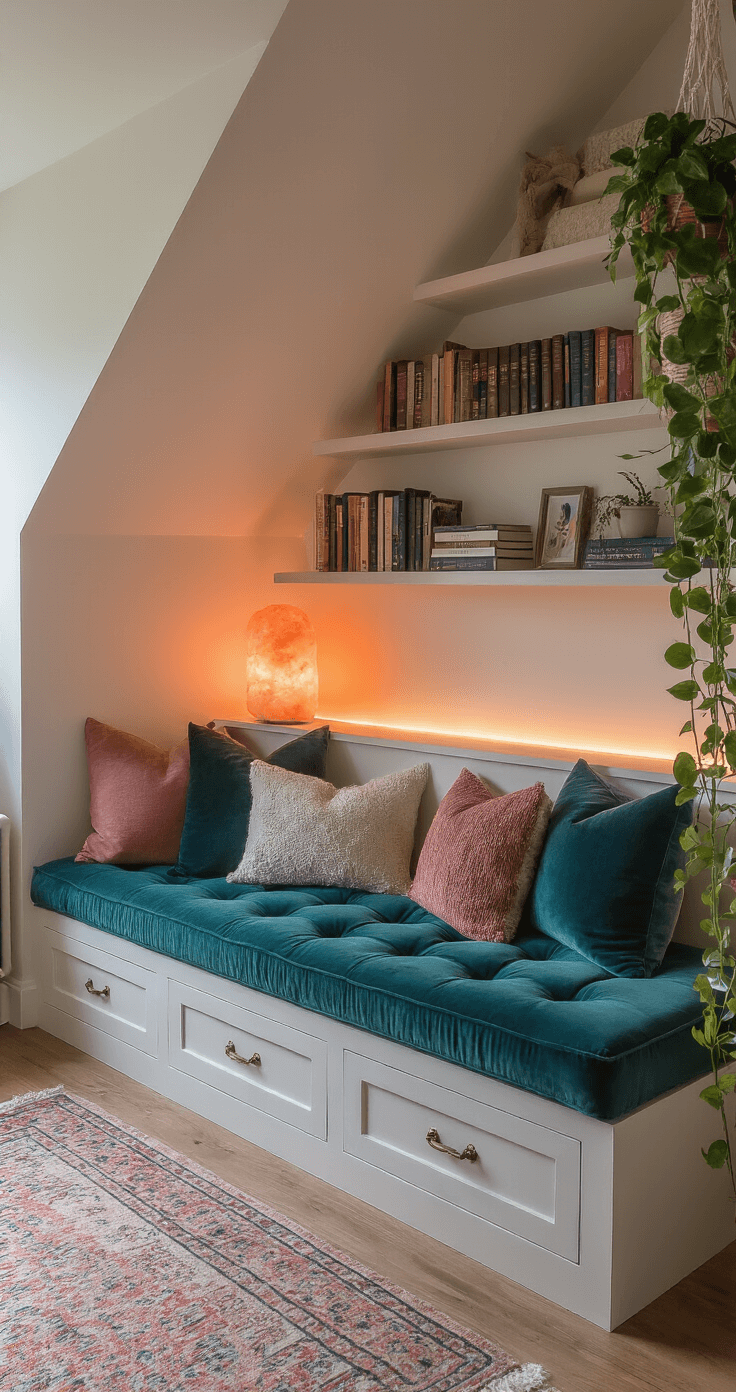 Cozy Corner Styling: Create Your Perfect Reading Nook A cozy under-stair reading nook featuring a custom-built bench with teal velvet cushions, surrounded by mismatched throw pillows and illuminated by a pinkish-orange glow from a Himalayan salt lamp. Floating shelves display books and art, while a macramé plant hanger holds a pothos plant. A sheepskin rug and brass reading lamp complete the snug ambiance.