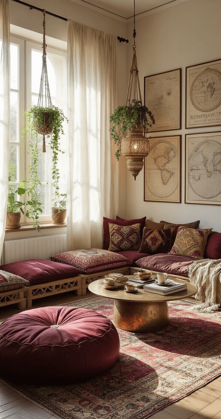 Cozy Corner Styling: Create Your Perfect Reading Nook A cozy bohemian reading nook with a floor pouf, colorful cushions, a brass coffee table, trailing plants, and intricate wall decor, illuminated by warm afternoon light.