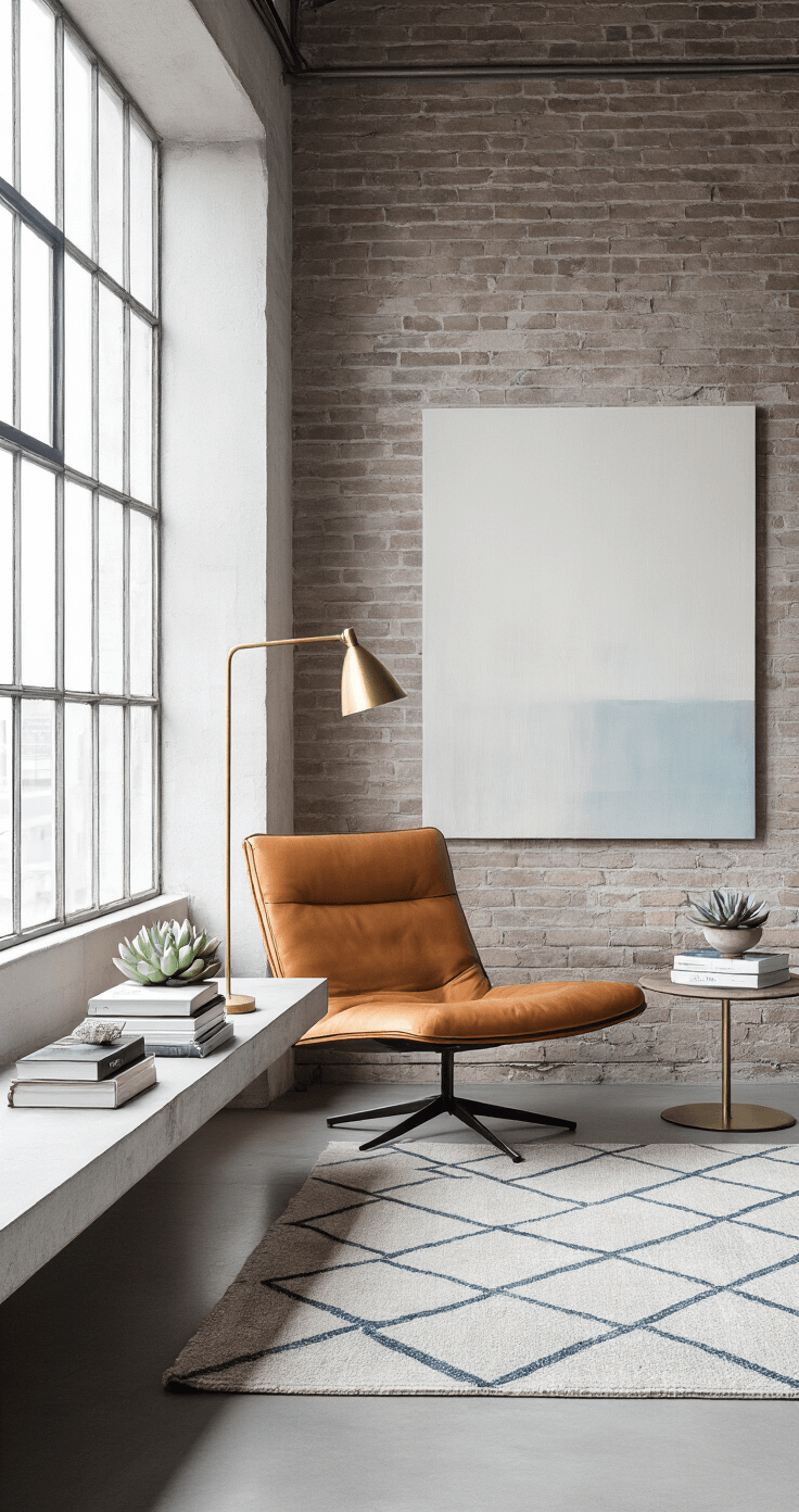 Cozy Corner Styling: Create Your Perfect Reading Nook A minimalist reading corner in a modern loft featuring a mid-century modern caramel leather lounge chair, a brass floor lamp, a floating concrete shelf with design books and a succulent, a geometric Scandinavian rug, and an abstract canvas on an exposed brick wall, illuminated by natural light from large industrial windows.