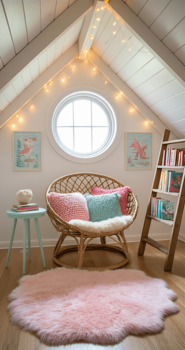 Cozy Corner Styling: Create Your Perfect Reading Nook A cozy attic reading nook with a sloped ceiling, featuring a hanging rattan chair filled with colorful knit pillows, soft light from a round window, fairy lights along the rafters, a plush pink rug, a wooden ladder holding vibrant books, whimsical pastel creature prints on the walls, a pastel mint side table with cocoa and cookies, and a collection of soft toys, all in a playful pastel palette.