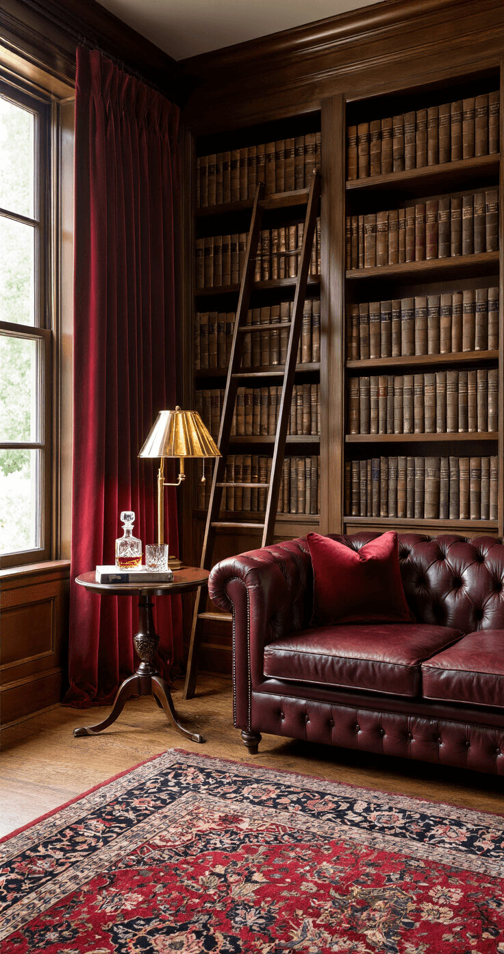 Cozy Corner Styling: Create Your Perfect Reading Nook A cozy library-inspired reading corner with floor-to-ceiling bookshelves, featuring a tufted leather Chesterfield loveseat, warm afternoon light, a polished mahogany side table with a whiskey decanter, a brass library lamp, and an antique Persian rug, all complemented by a rolling ladder and a chess set.