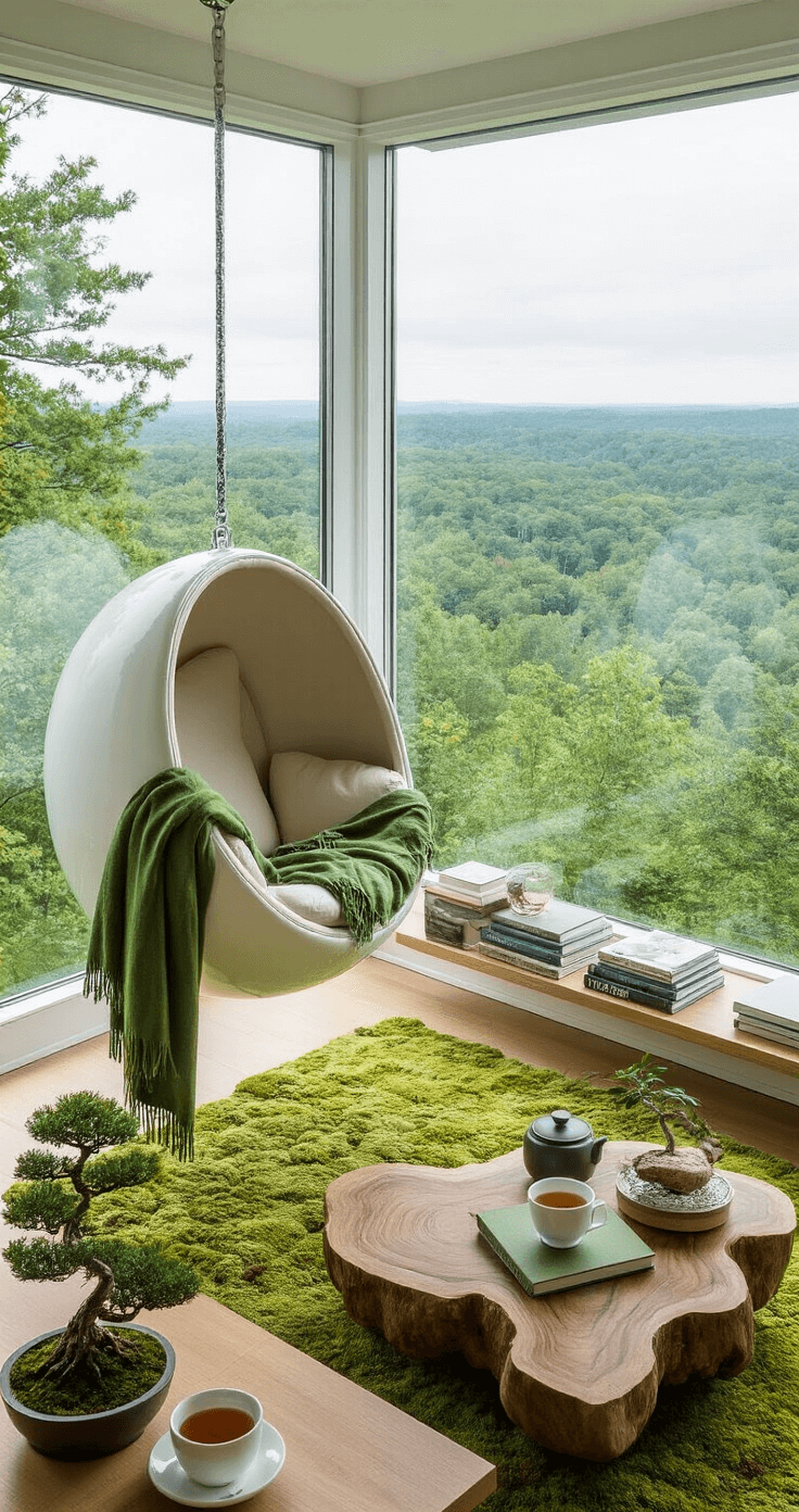 Cozy Corner Styling: Create Your Perfect Reading Nook A serene reading nook featuring floor-to-ceiling windows with forest views, a hanging white egg chair with a green throw, a moss-like rug, a living edge wood side table with a bonsai tree and steaming green tea, floating shelves with nature books and terrariums, sage green walls, a macramé wall hanging, and a corner with a meditation cushion and yoga mat.