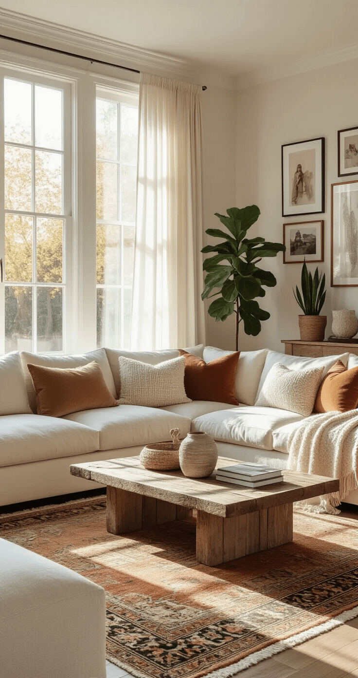 Cozy House Aesthetic: Creating Your Personal Sanctuary A sunlit living room featuring bay windows with sheer white and oatmeal linen curtains, a plush cream sectional with textured pillows, a reclaimed wood coffee table, and a layered Moroccan rug in terracotta tones, accented by potted plants and a gallery wall of family photos.